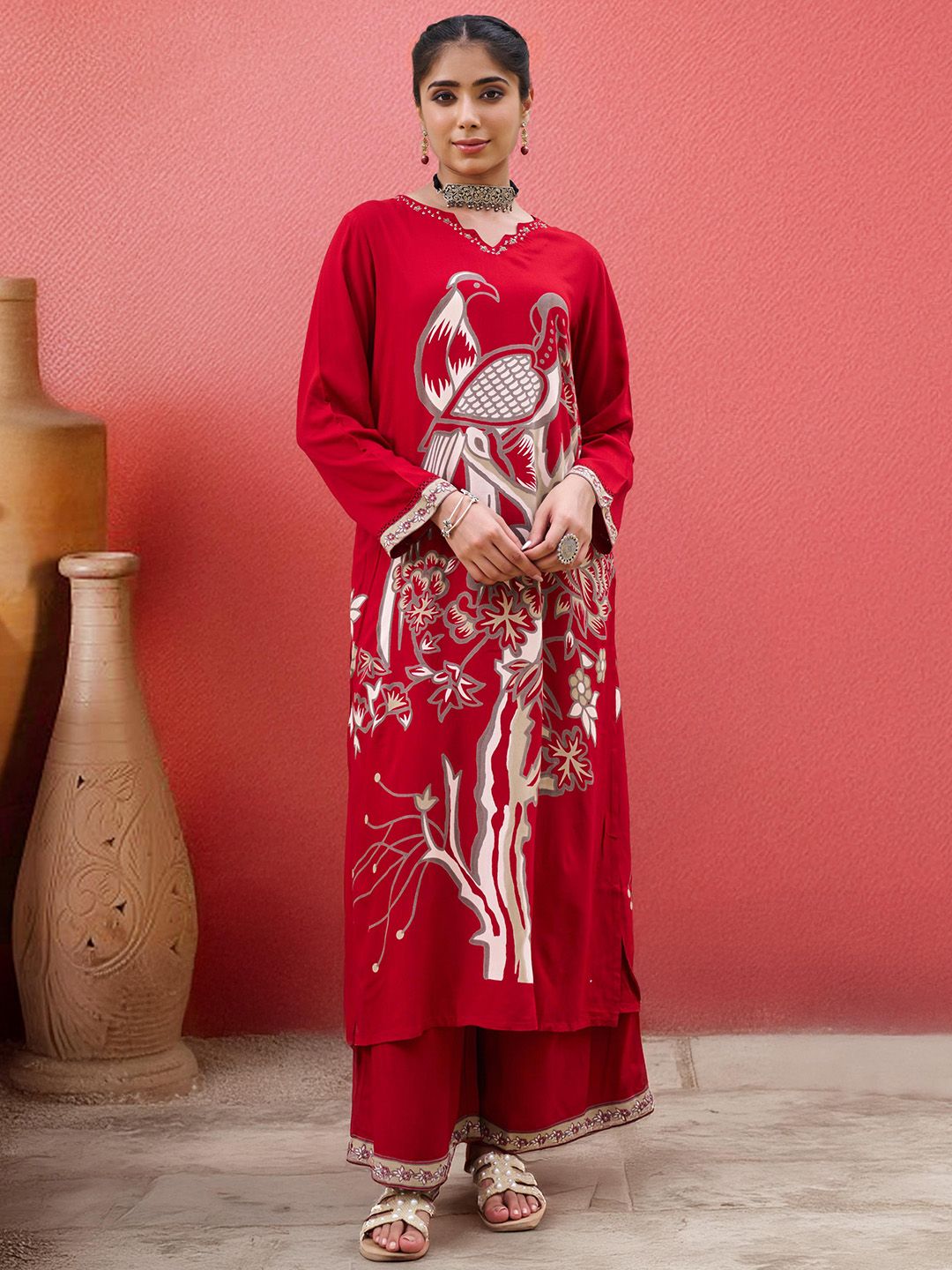Sangria Women Floral & Bird Printed & Embroidered Straight Kurta & Palazzos