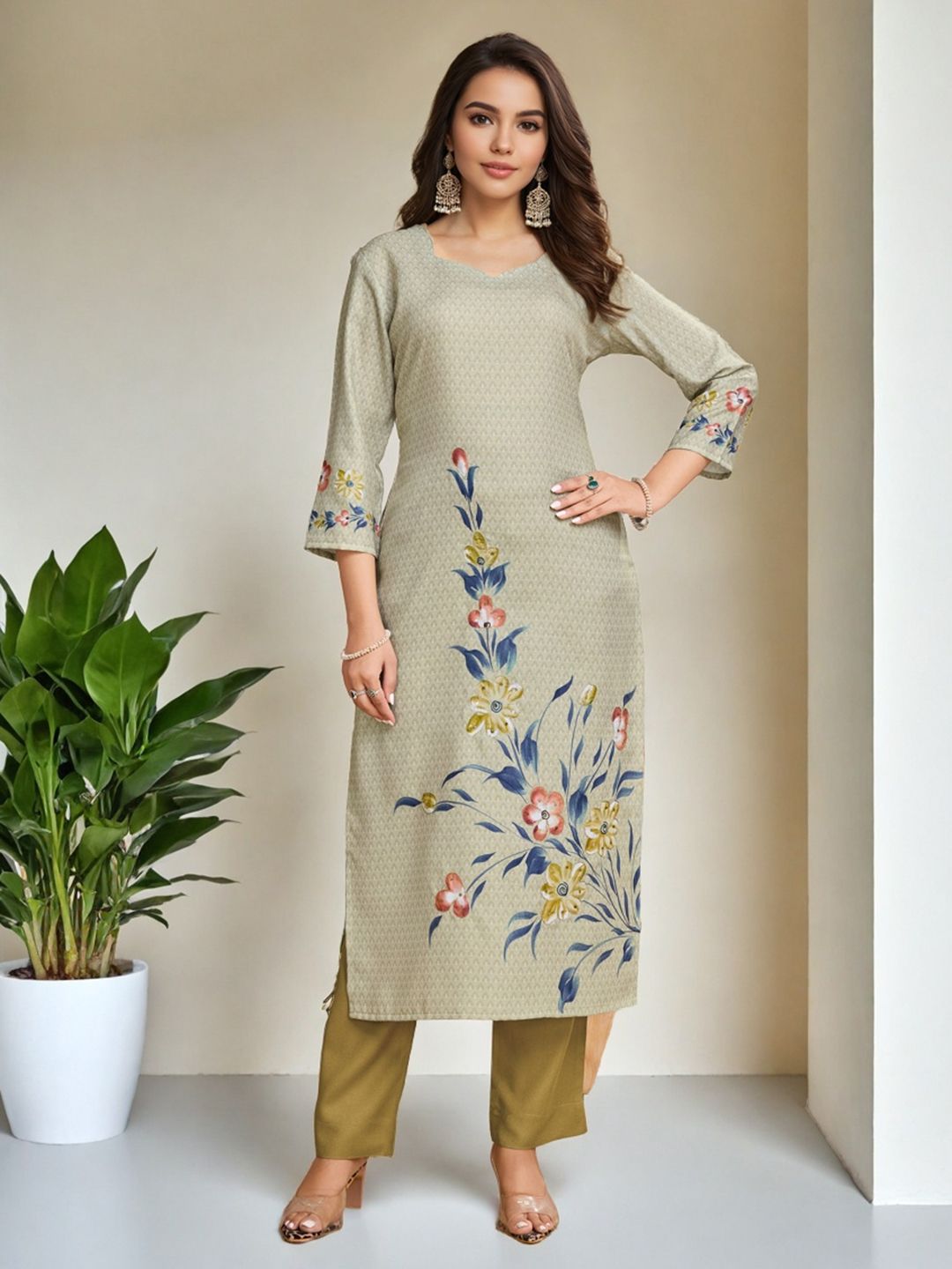 SZN Ethnic Motifs Printed Straight Beads & Stones Kurta With Trousers & Dupatta