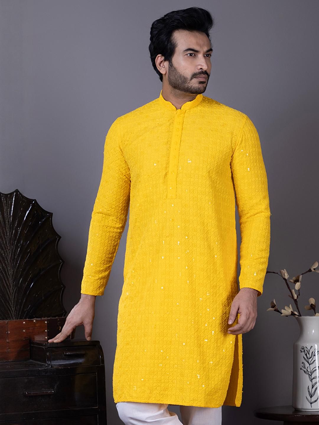 PulseIQ Men Floral Embroidered Sequinned Straight Kurta-image-24