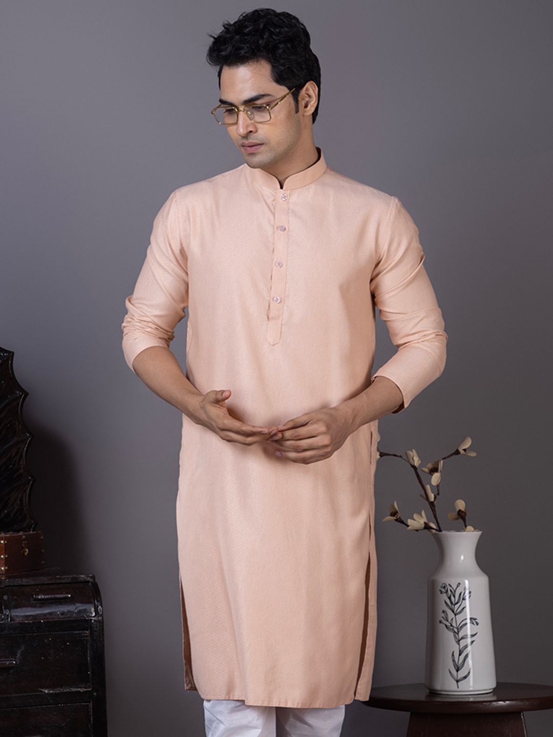 DEVOILER Men Geometric Woven Design Mandarin Collar Kurta-image-36