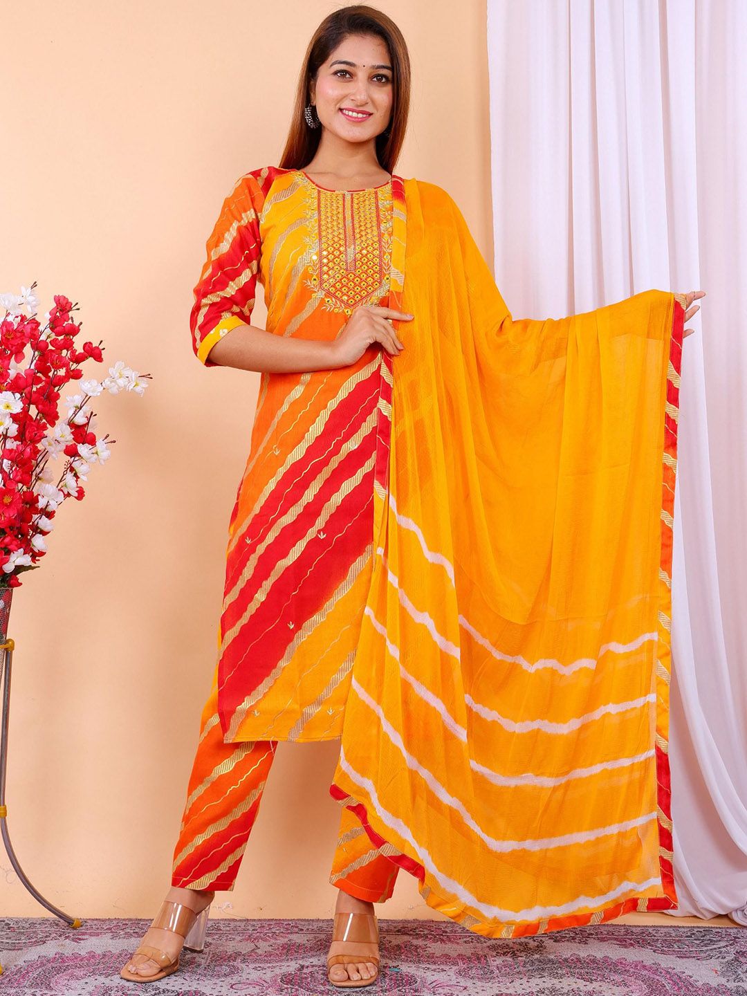 The Parth Fashion Women Ethnic Motifs Printed Round Neck Kurta with Trousers & Dupatta