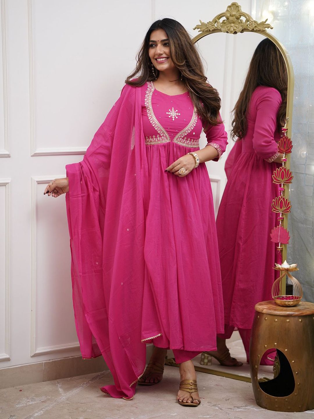 DIVASTRI Women Ethnic Motifs Embroidered Cotton Anarkali Kurta with Trousers & Dupatta