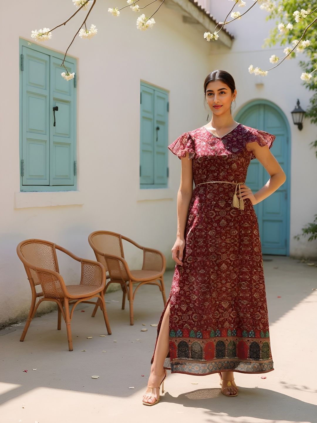 SZN Women Ethnic Motifs Printed Flutter Sleeve A-Line Maxi Dress