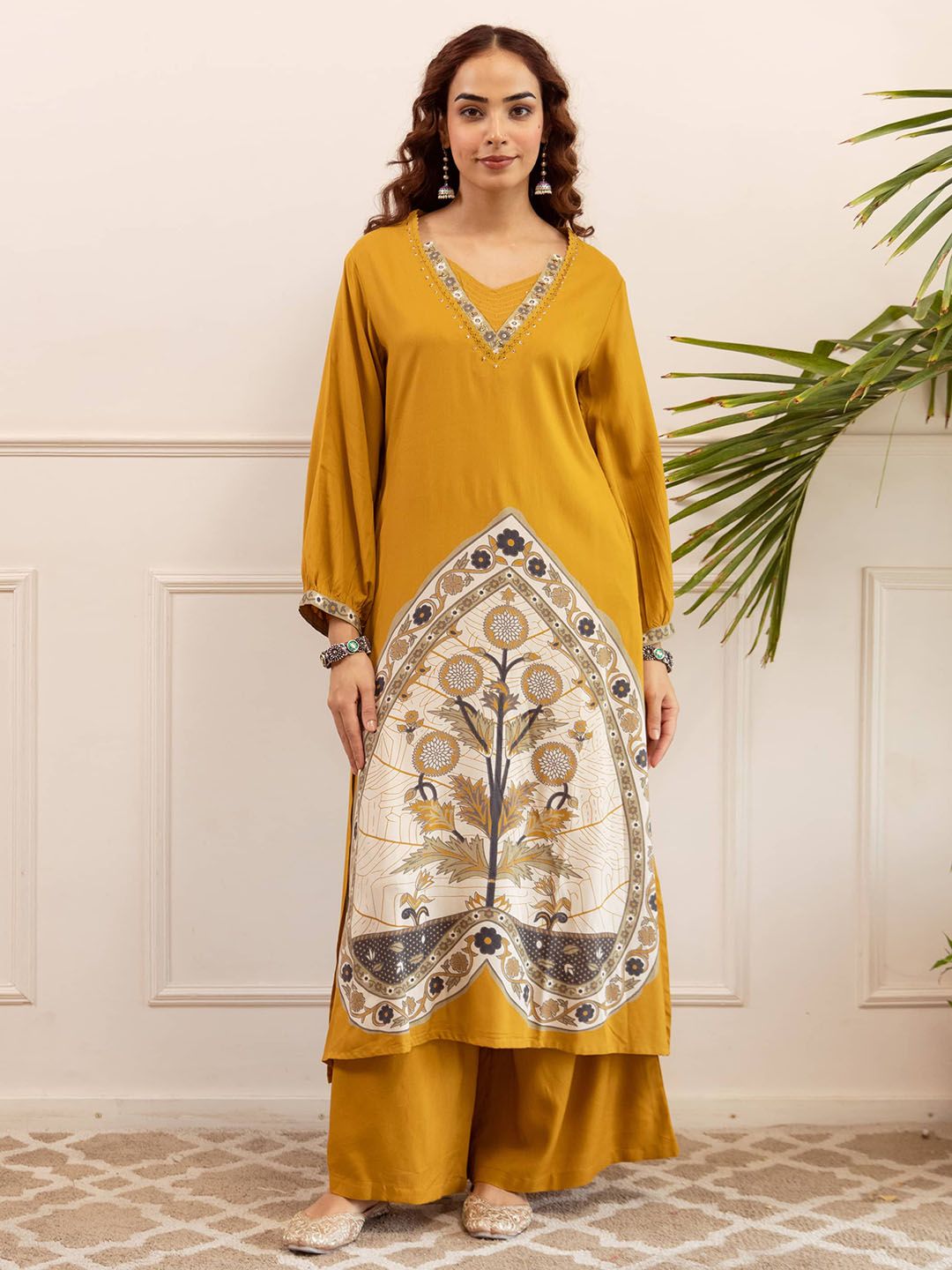 Nehamta Floral Printed V-Neck Straight Sequinned Kurta With Palazzos