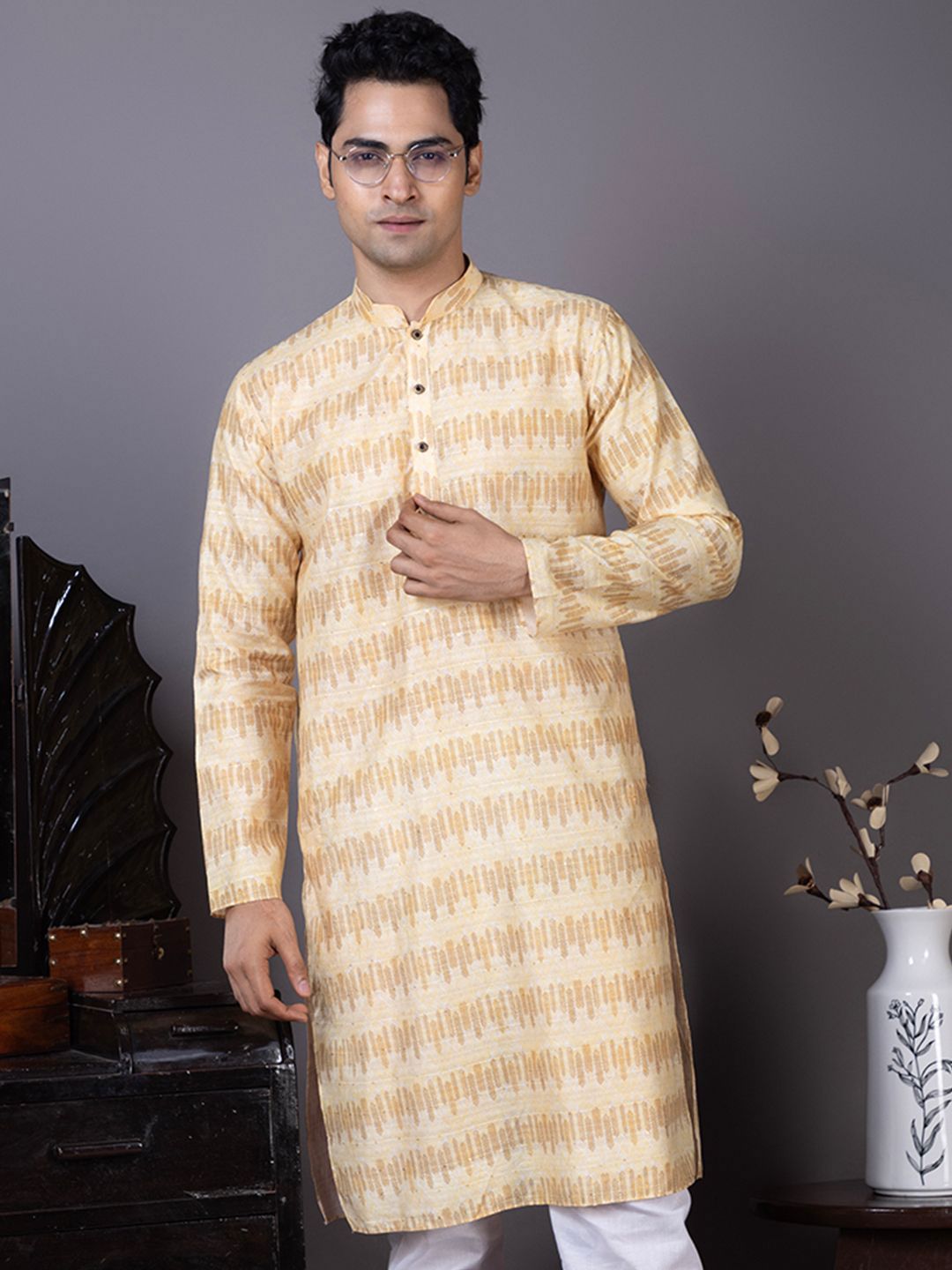 DEVOILER Men Geometric Woven Design Mandarin Collar Kurta-picture-45