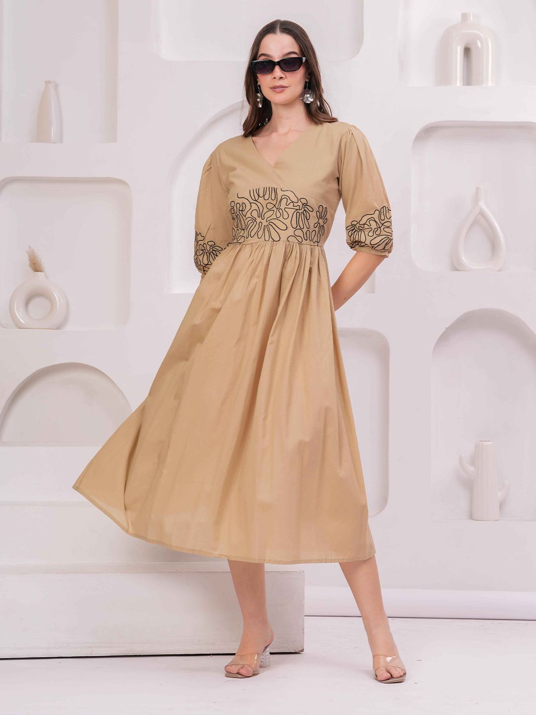 Zenava by Myntra Women Embroidered Cotton Bishop Sleeve Fit and Flare Midi Dress-image-29