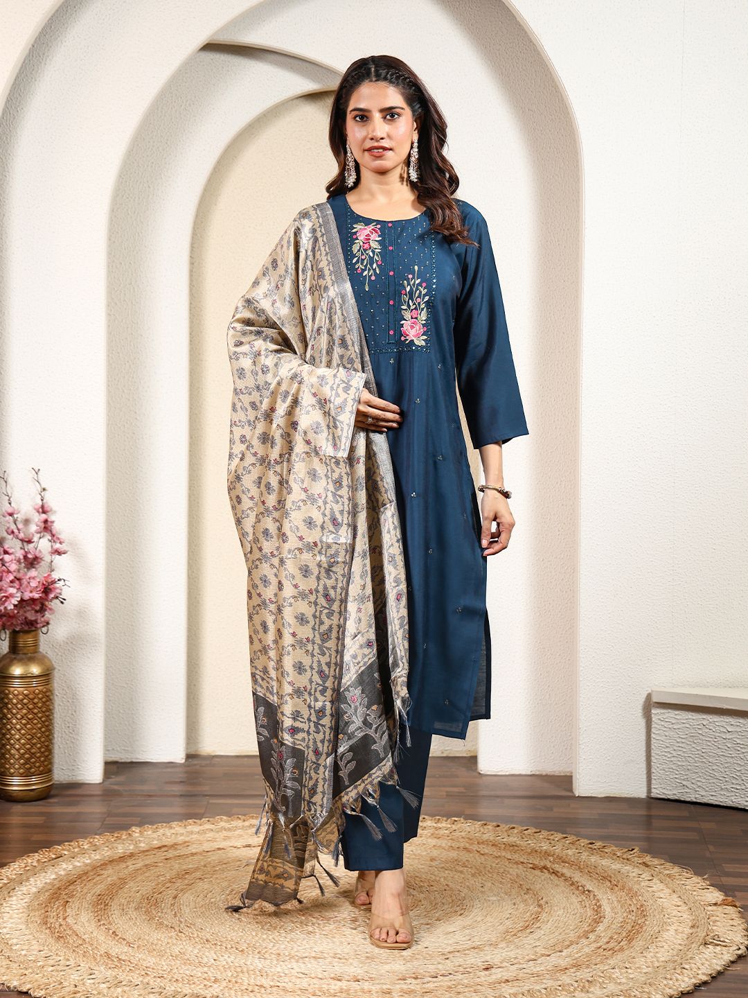 Women Floral Embroidered Kurta with Trousers & Dupatta
