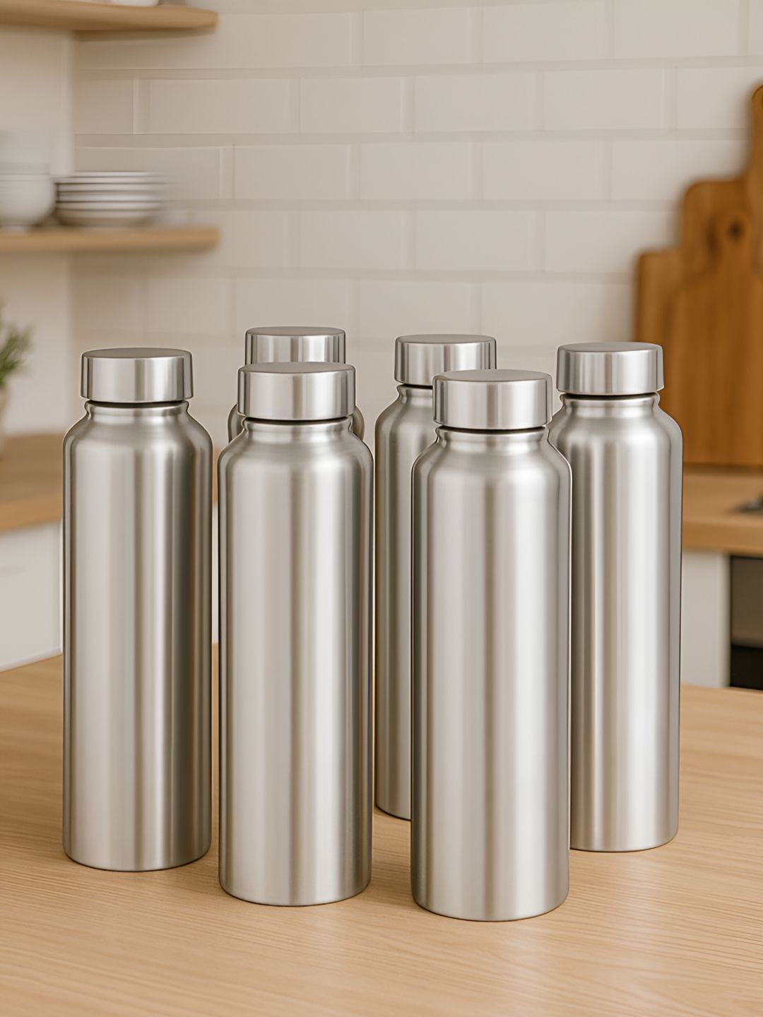 Myntra Elegant Homes Silver-Toned Set of 6 Stainless Steel Solid Water Bottle