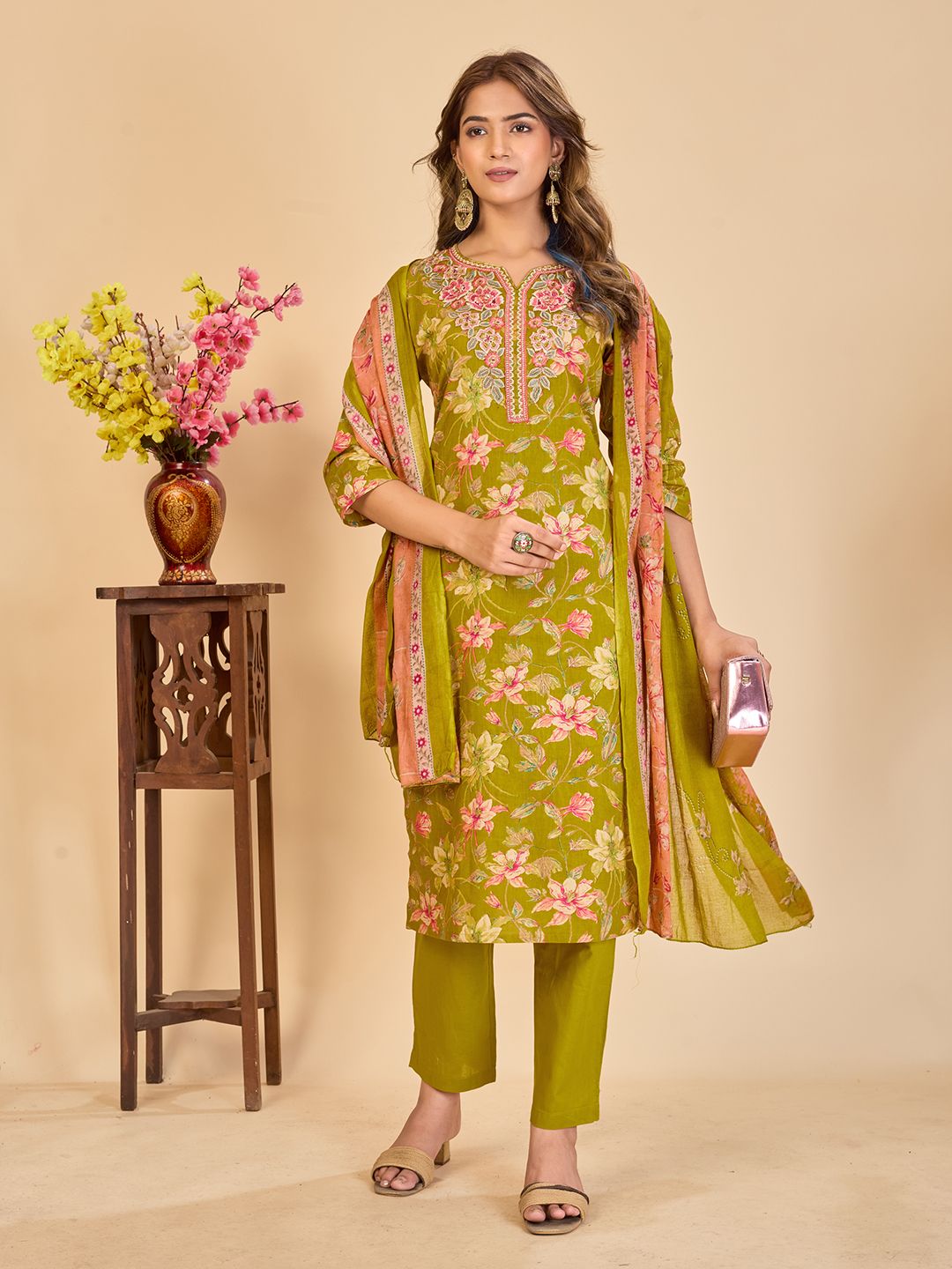 Larqi Women Floral Embroidered Cotton Kurta with Trousers & Dupatta