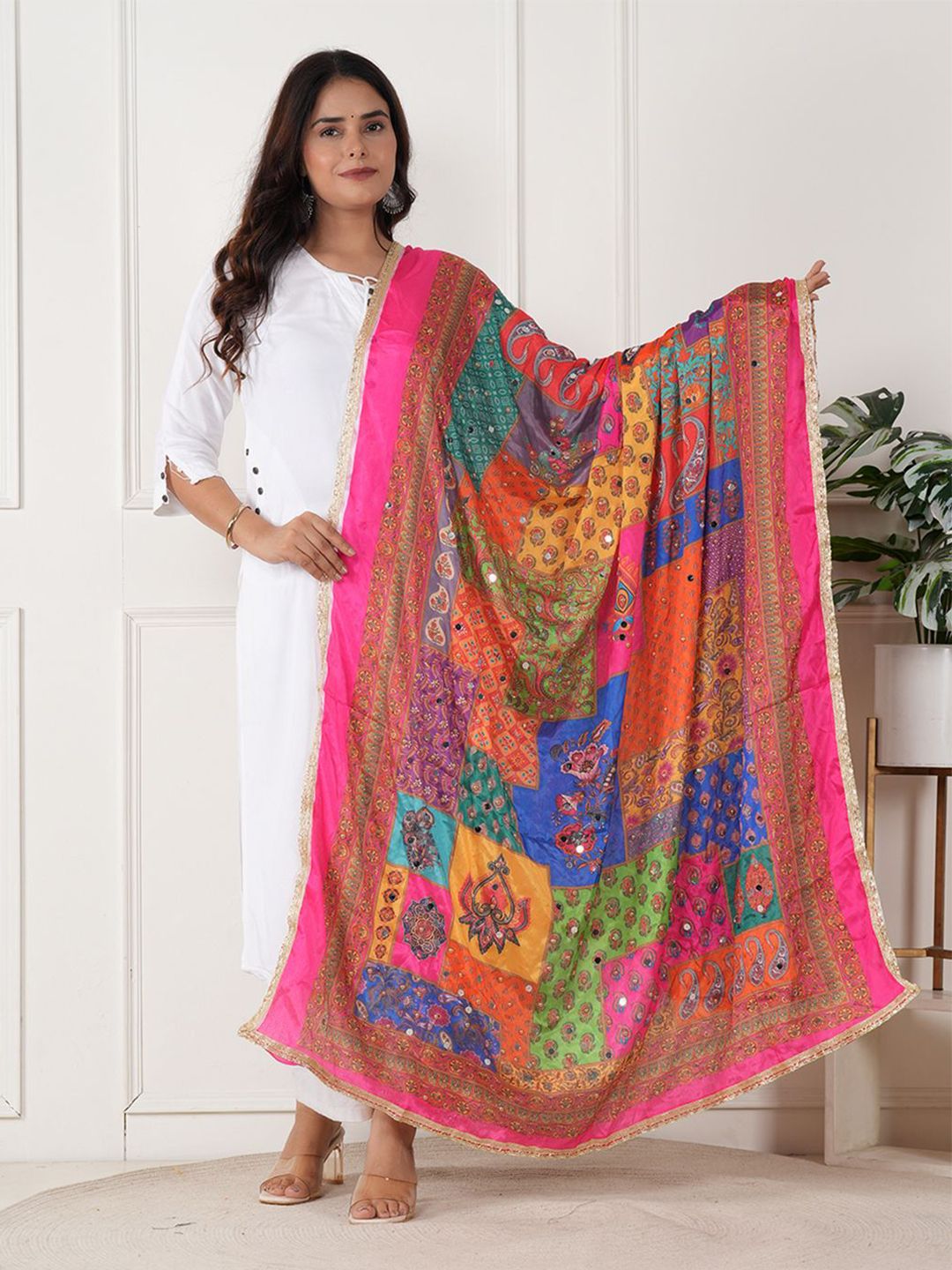 ZOOMBIE Ethnic Motifs Printed Dupatta with Mirror Work-picture-37