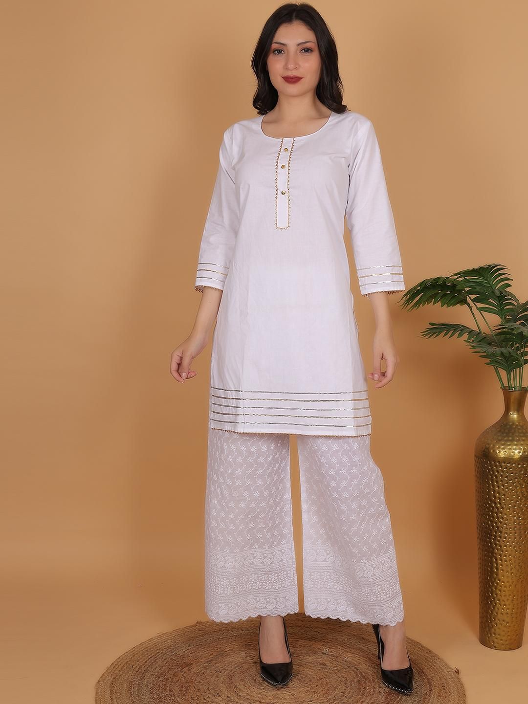 Mytrendzs Women White Pure Cotton Kurti & Palazzos With Dupatta
