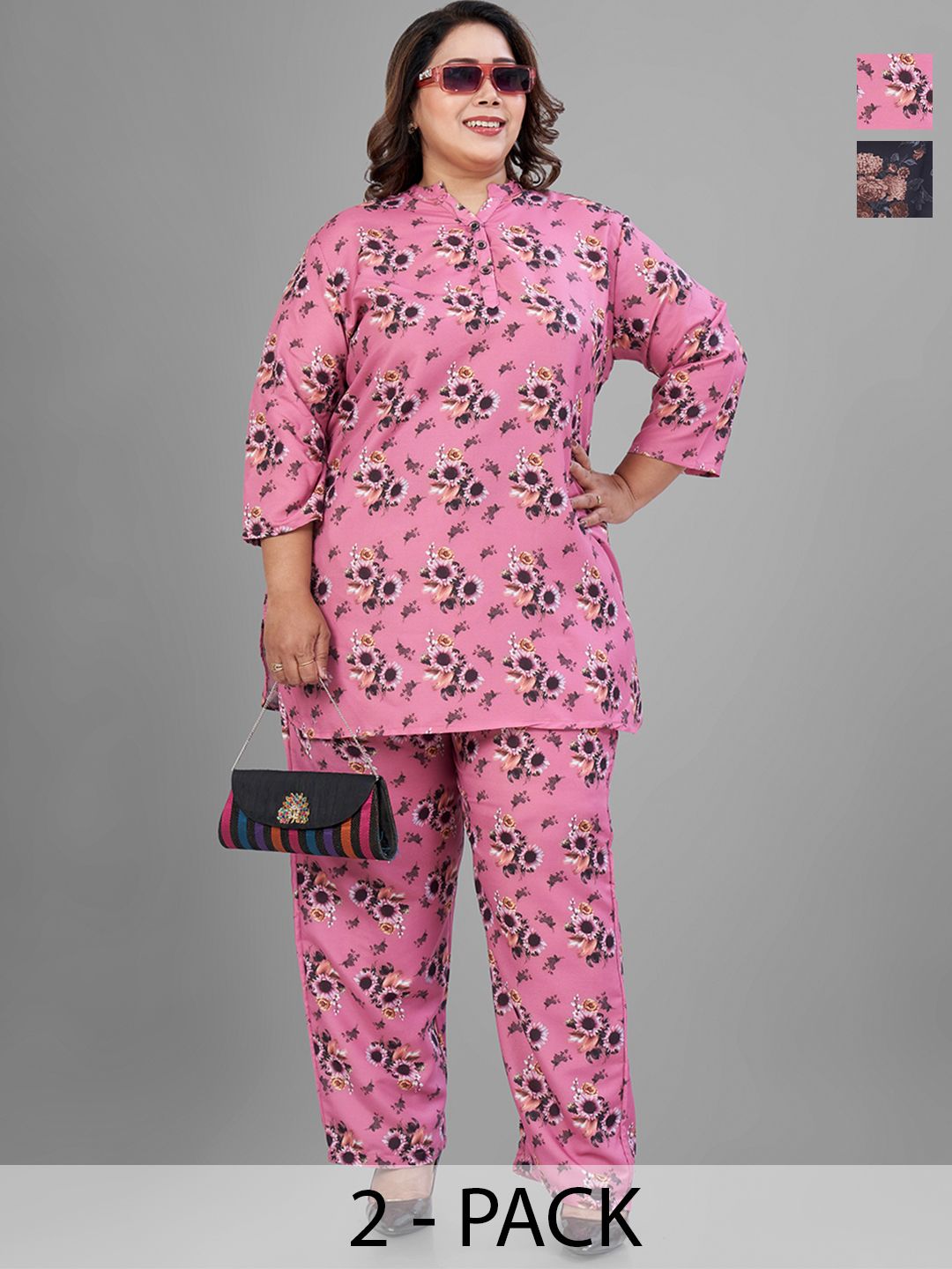TITTLI Plus Size Pack Of 2 Printed Mandarin Collar Tunic With Trousers Co-Ords-picture-42
