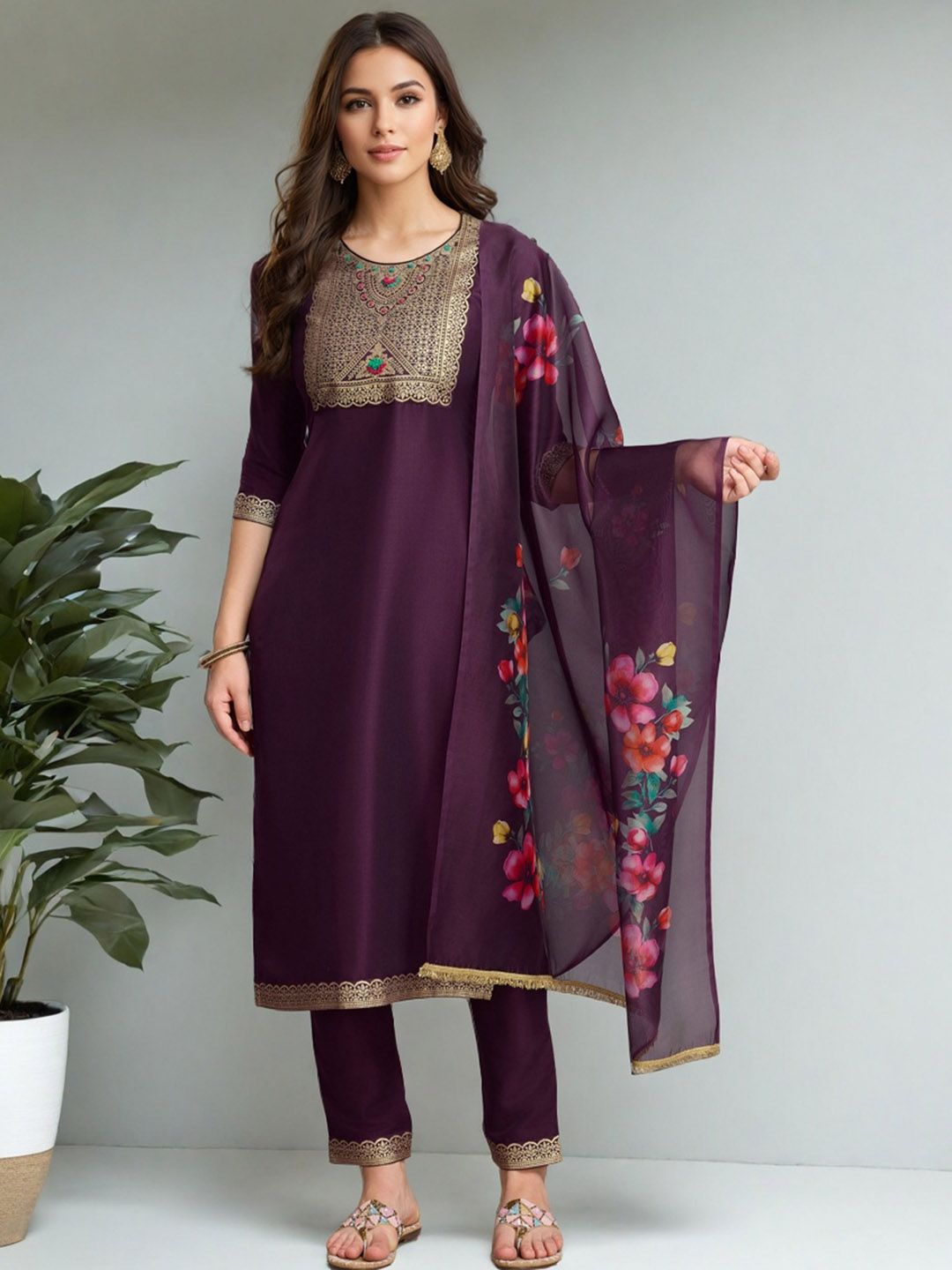 SZN Yoke Design Round Neck Straight Kurta With Trousers And Dupatta