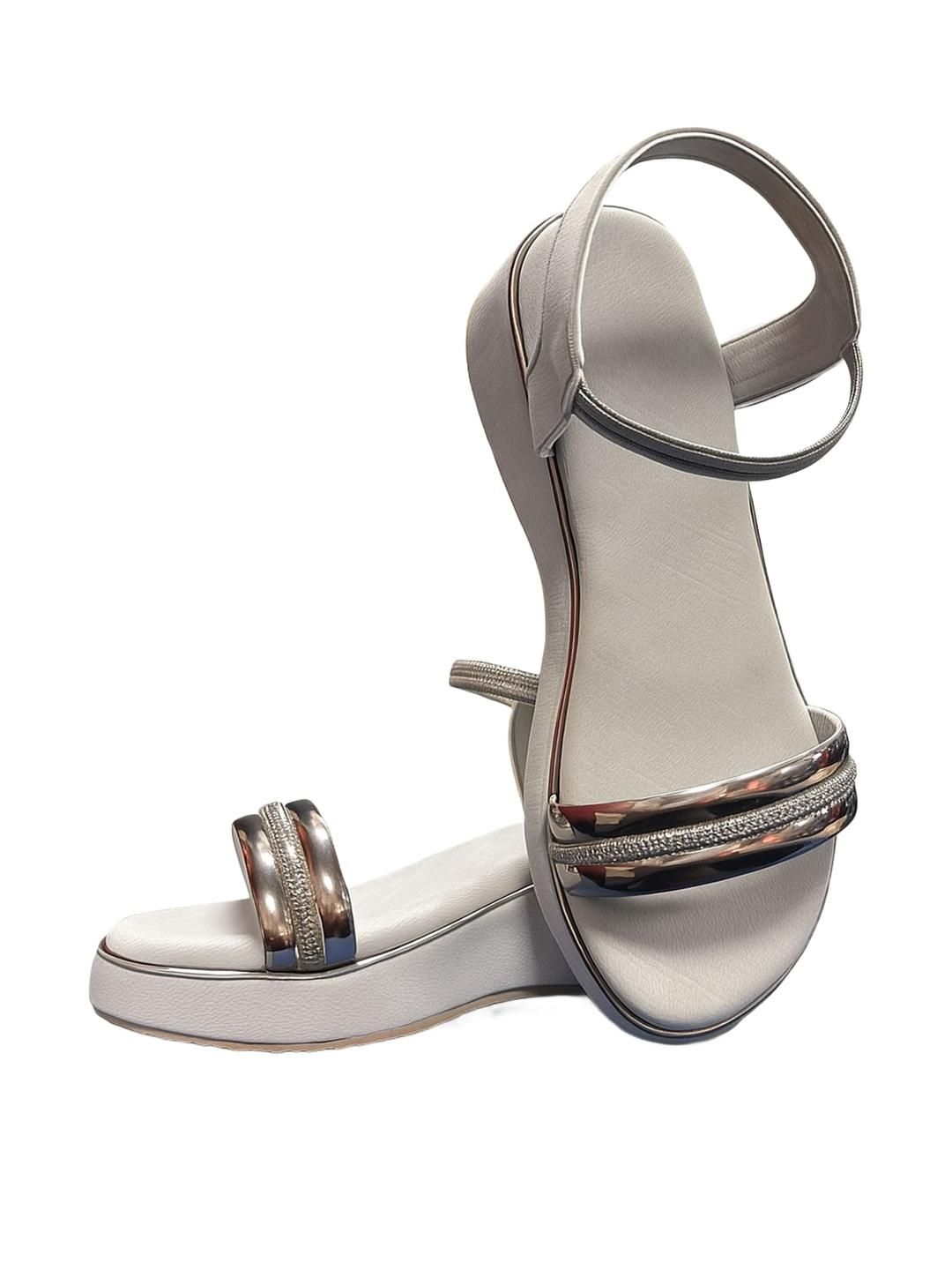 Digni Women Grey & Silver Toned Synthetic Embellished Back Strap Open Toe Wedges-picture-10