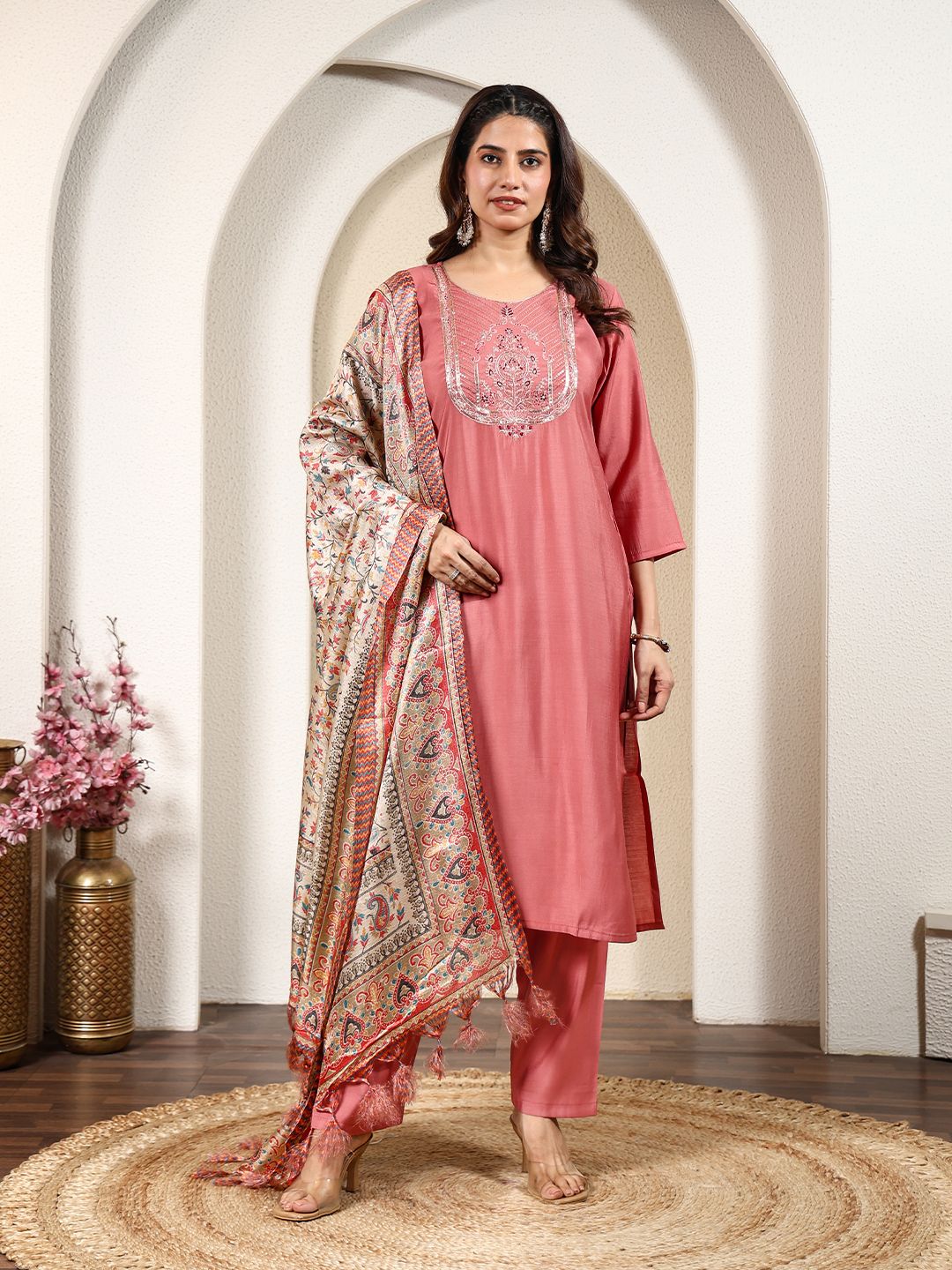 Anouk Rustic Yoke Design Round Neck Thread Work Straight Kurta With Trousers & Dupatta