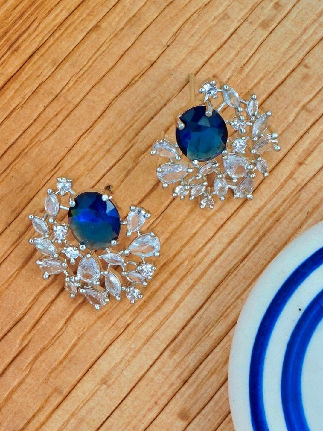 Gemron Jewel Rhodium Plated American Diamond Studded Oval Shaped Studs-picture-19