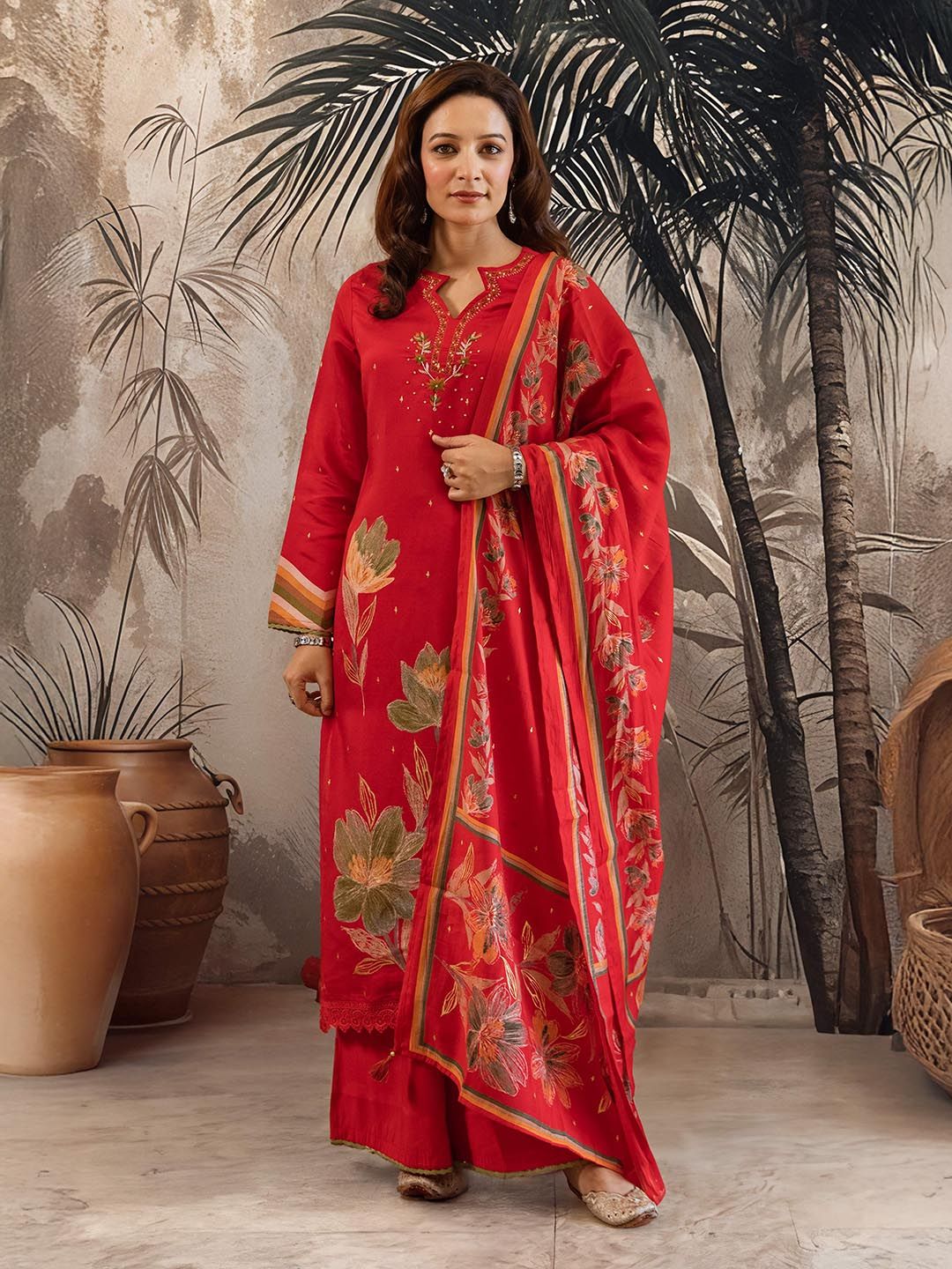 Sangria Floral Printed Beads And Stones Modal Muslin Kurta With Palazzos & Dupatta