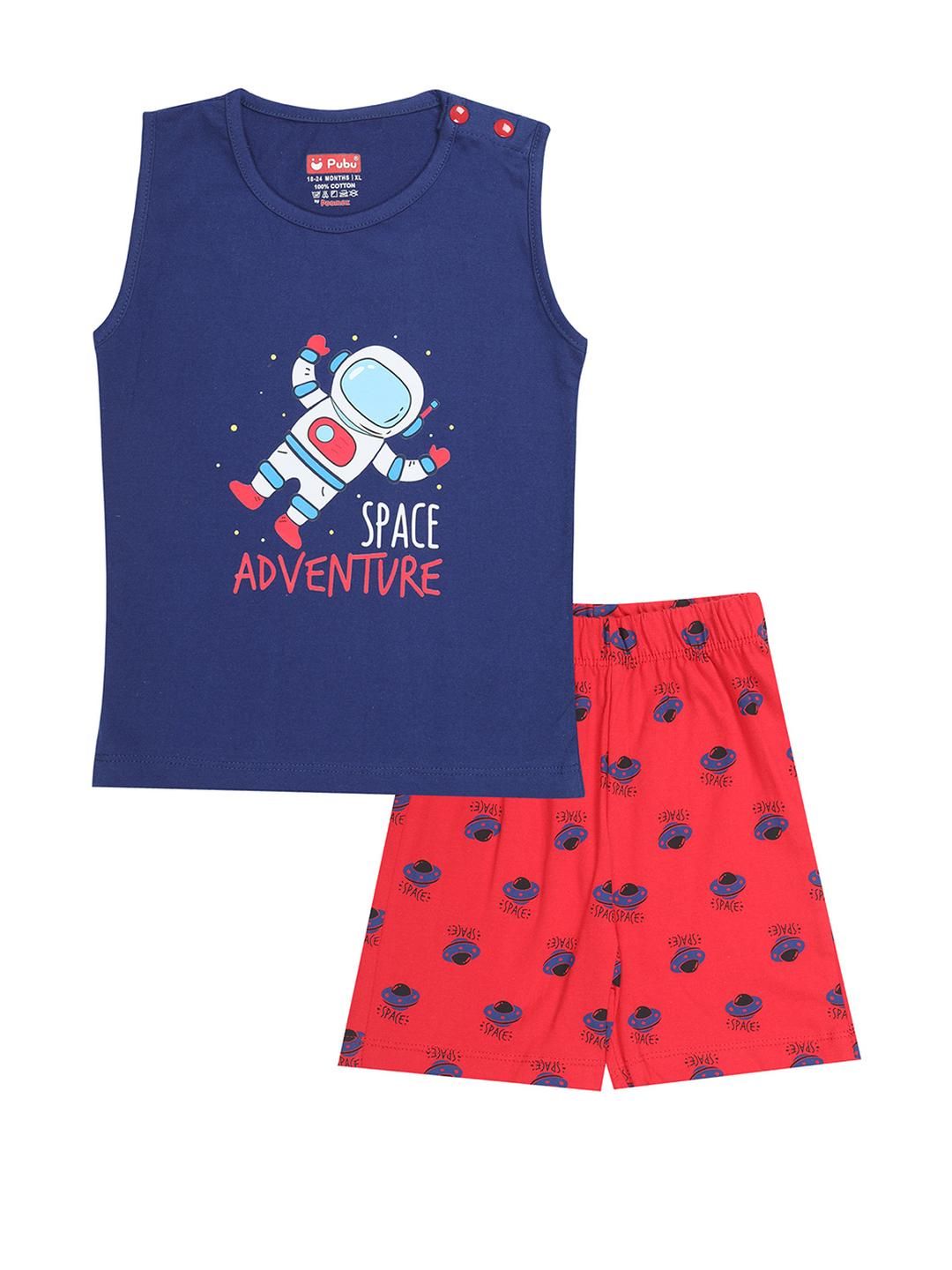 Pubu Boys Navy Blue Casual Round Neck Sleeveless Printed Pure Cotton Clothing Set-picture-26