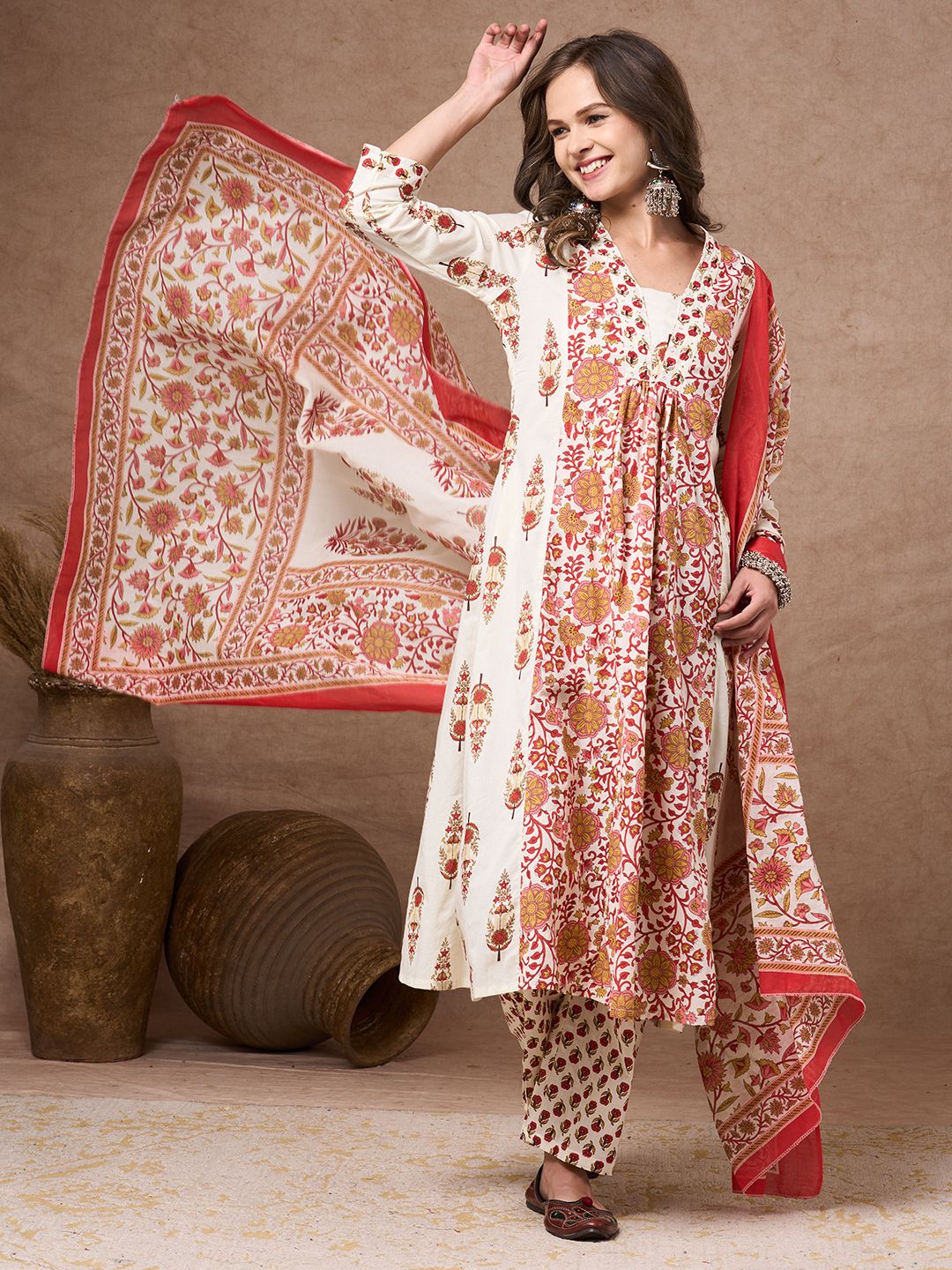 FASHOR Women Ethnic Motifs Printed Cotton Anarkali Kurta with Trousers & Dupatta