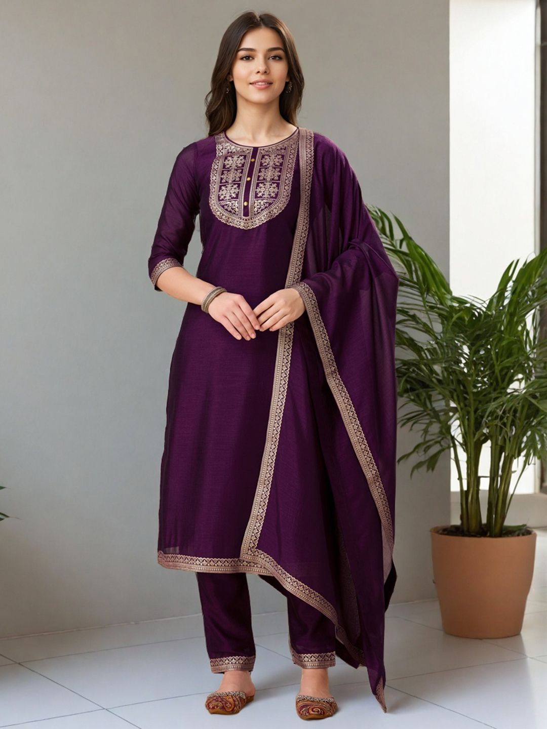 SZN Yoke Design Round Neck Straight Kurta With Trousers & Dupatta