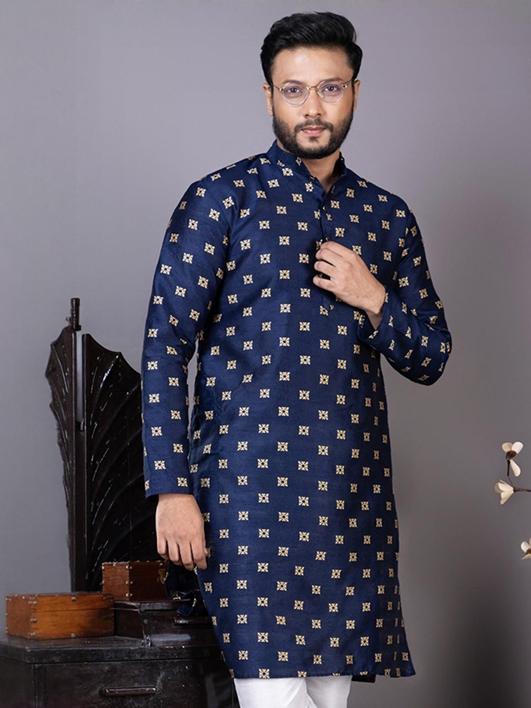 PulseIQ Men Ethnic Motifs Embellished Thread Work Jacquard Kurta-picture-14