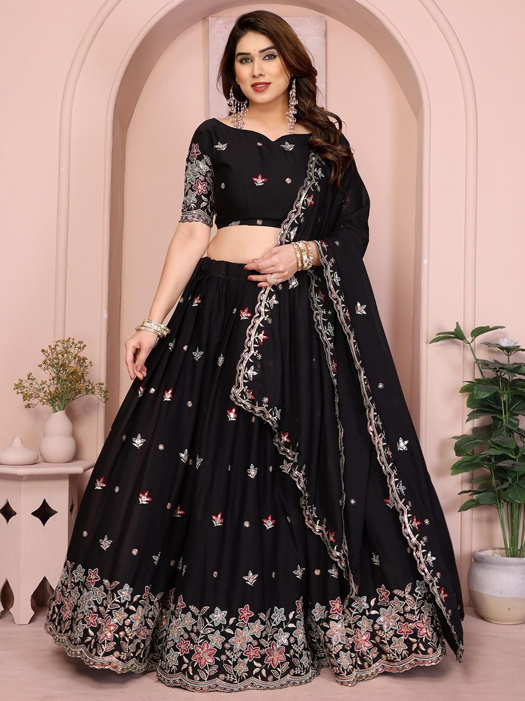 VAIRAGEE Embroidered Work Ready to Wear Lehenga & Unstitched Blouse With Dupatta-picture-4