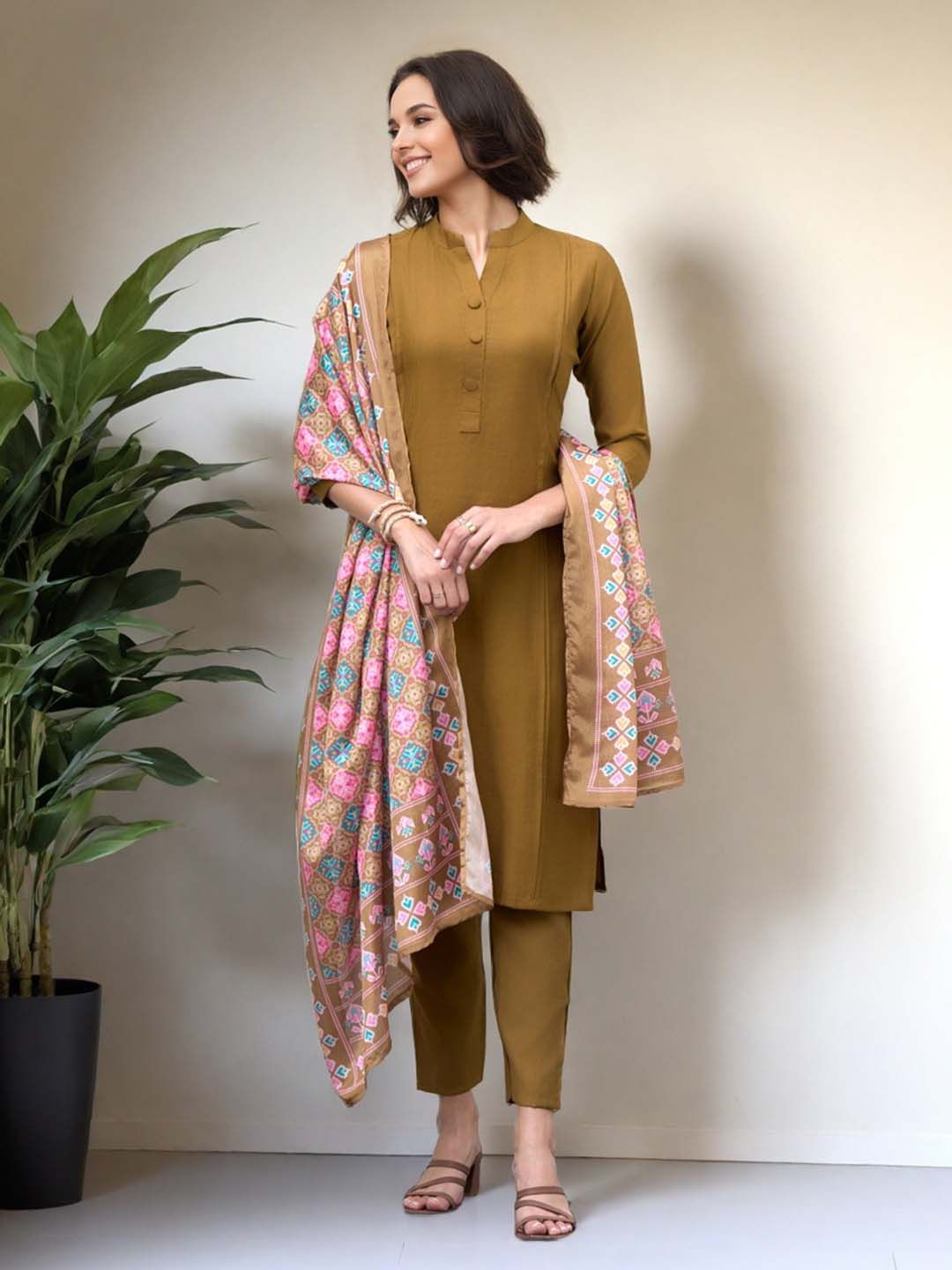 SZN Women Solid Kurta with Trousers & Dupatta
