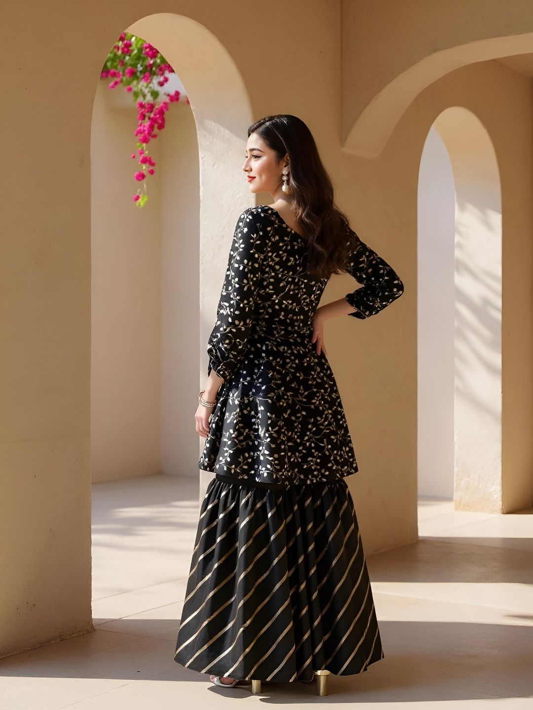 Floral Embroidered Balloon Sleeves Empire Kurta with Sharara Set