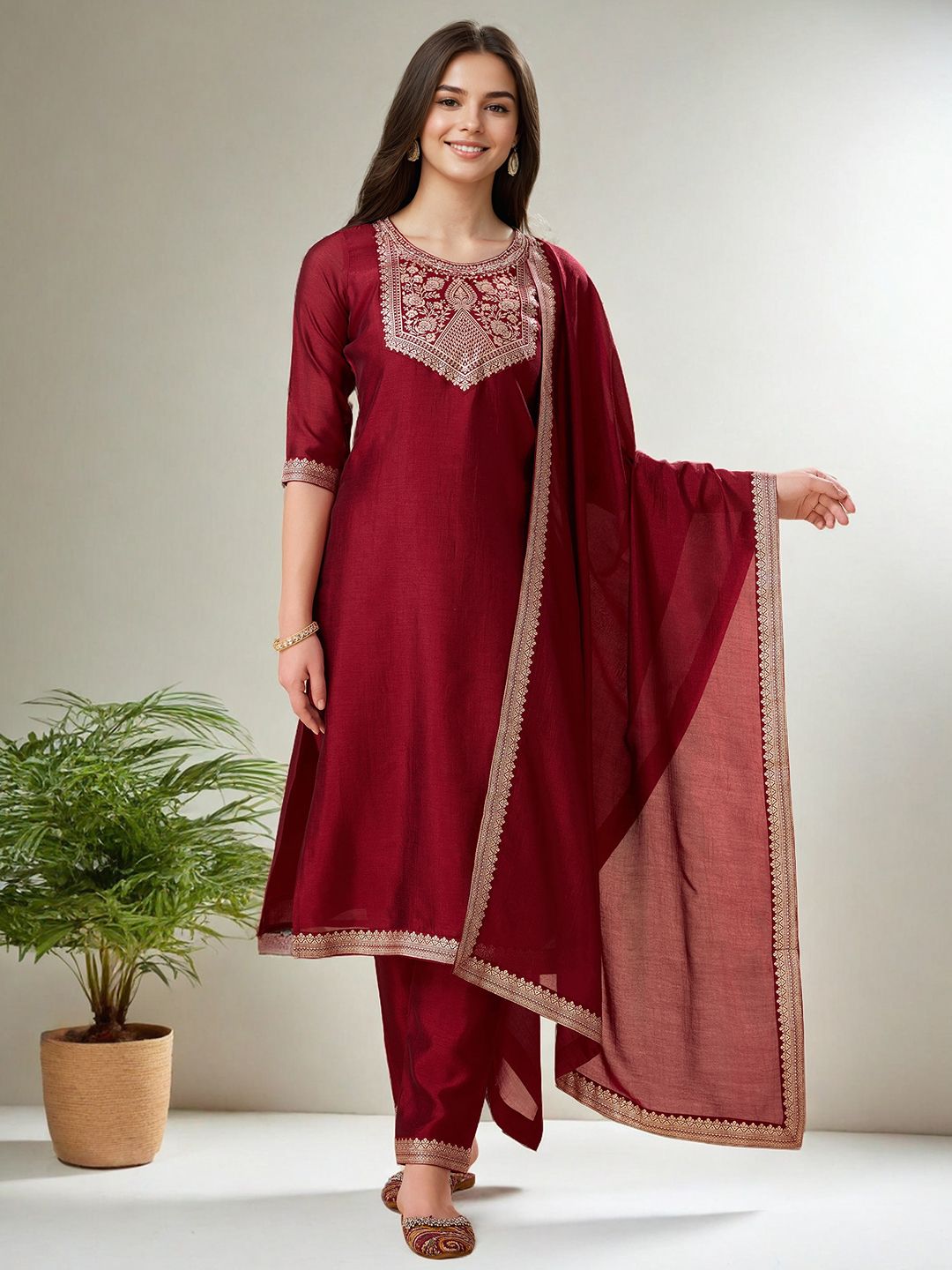 SZN Women Ethnic Motifs Embroidered Round Neck Kurta with Trousers & Dupatta