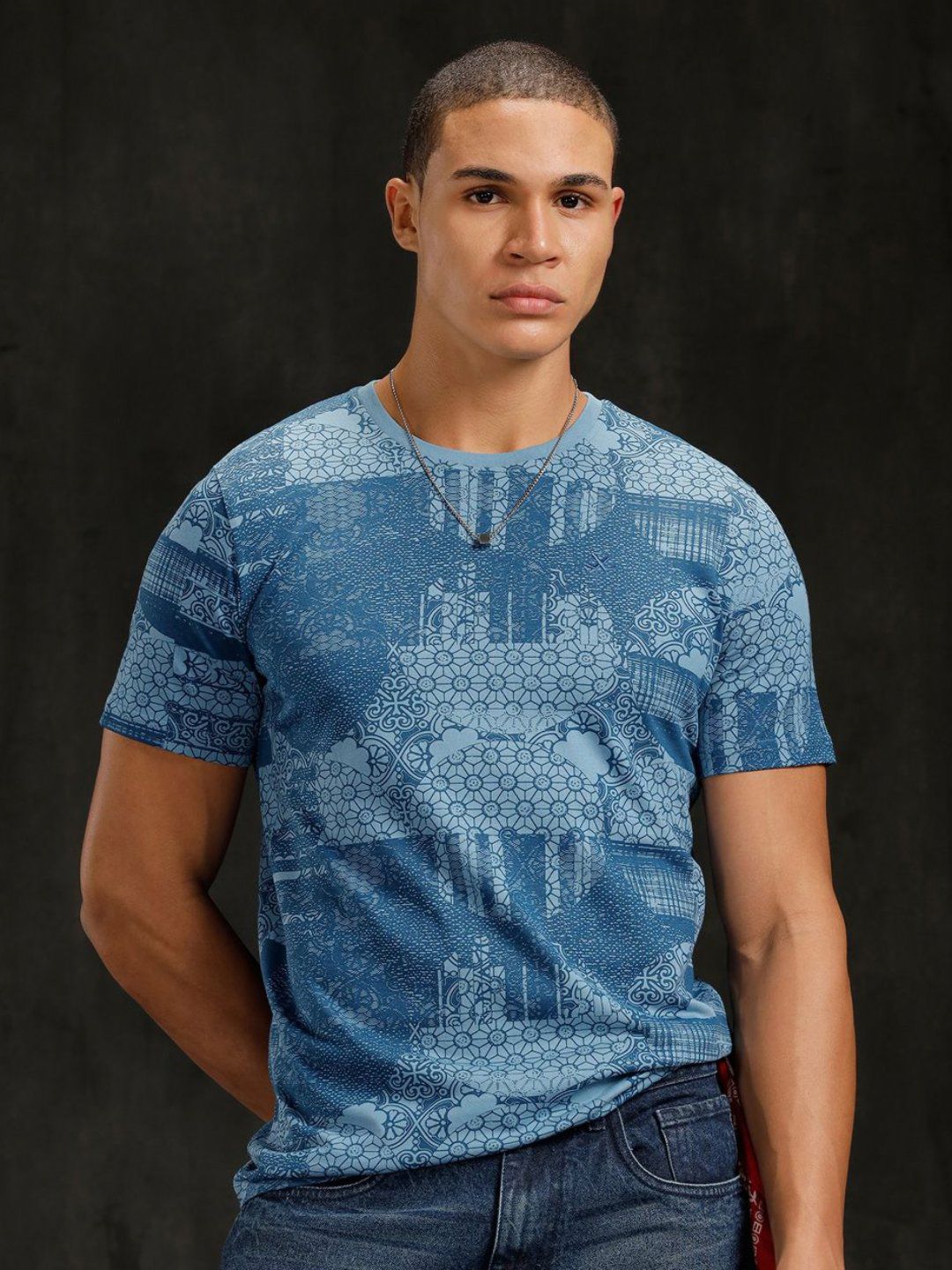 WROGN Men Geometric Printed Round Neck Pure Cotton T-shirt-picture-35