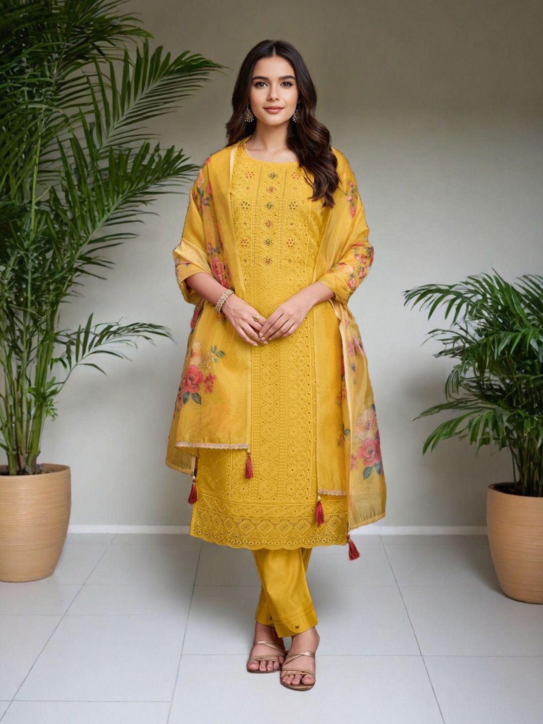 SZN Embroidered Chikankari Straight Kurta With Trousers And Dupatta