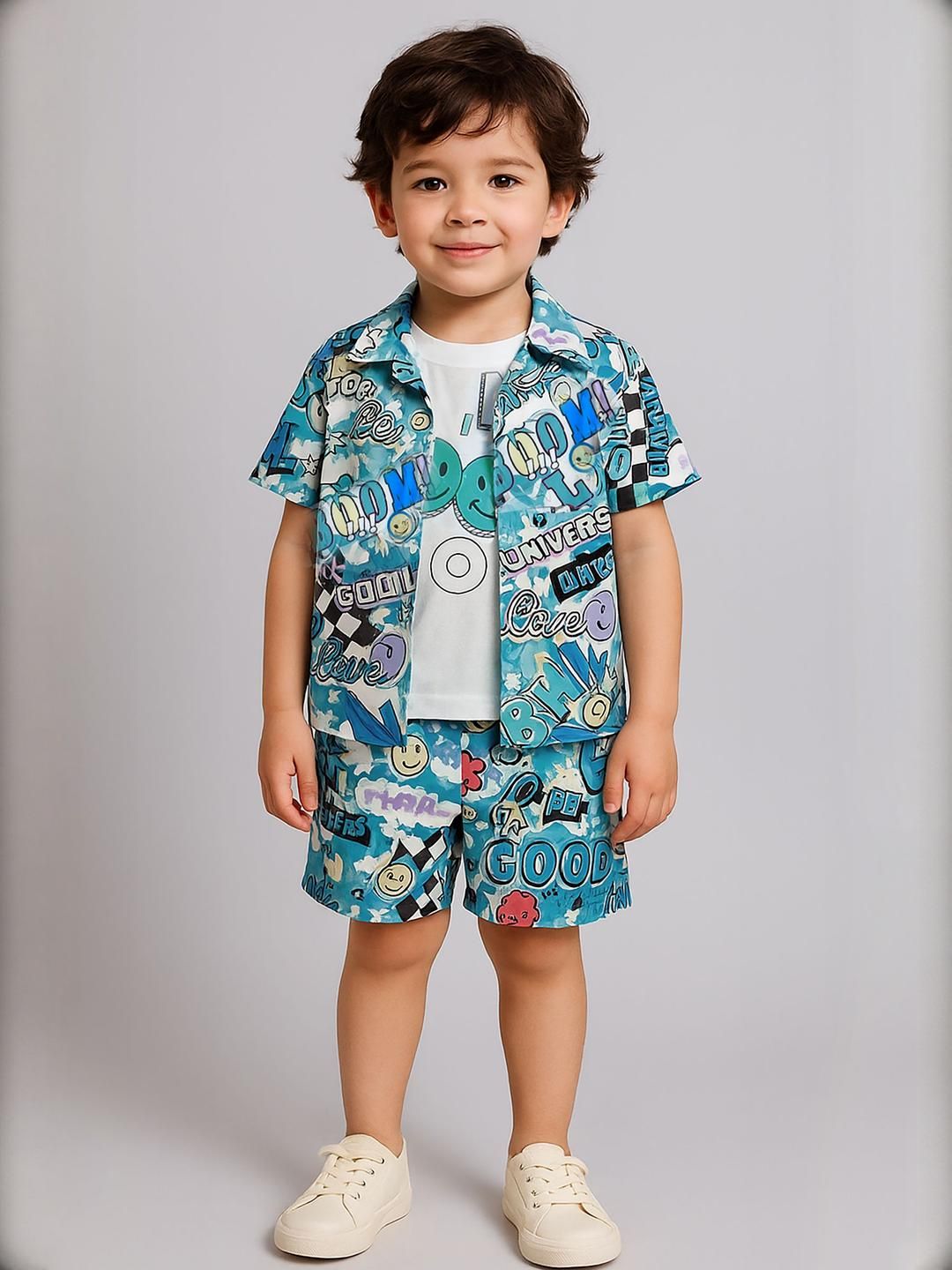 Ministitch Boys Printed Cotton Shirt With T-Shirt & Shorts Clothing Set-picture-57