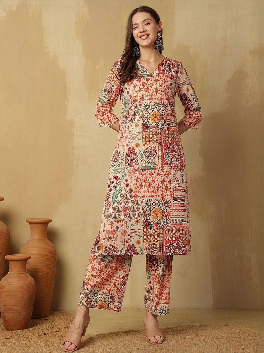 CaniBani Women Multi Printed Pure Cotton Kurta & Trousers With Dupatta
