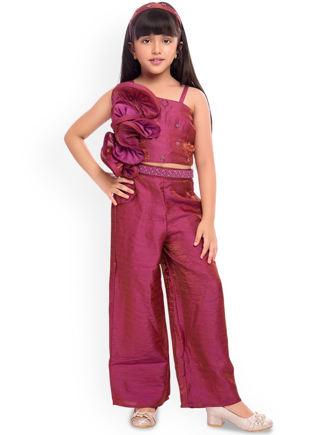 Tiny Kingdom Girls Sleevless Flower Broach Embellished Top And Palazzo With Hairband-picture-14