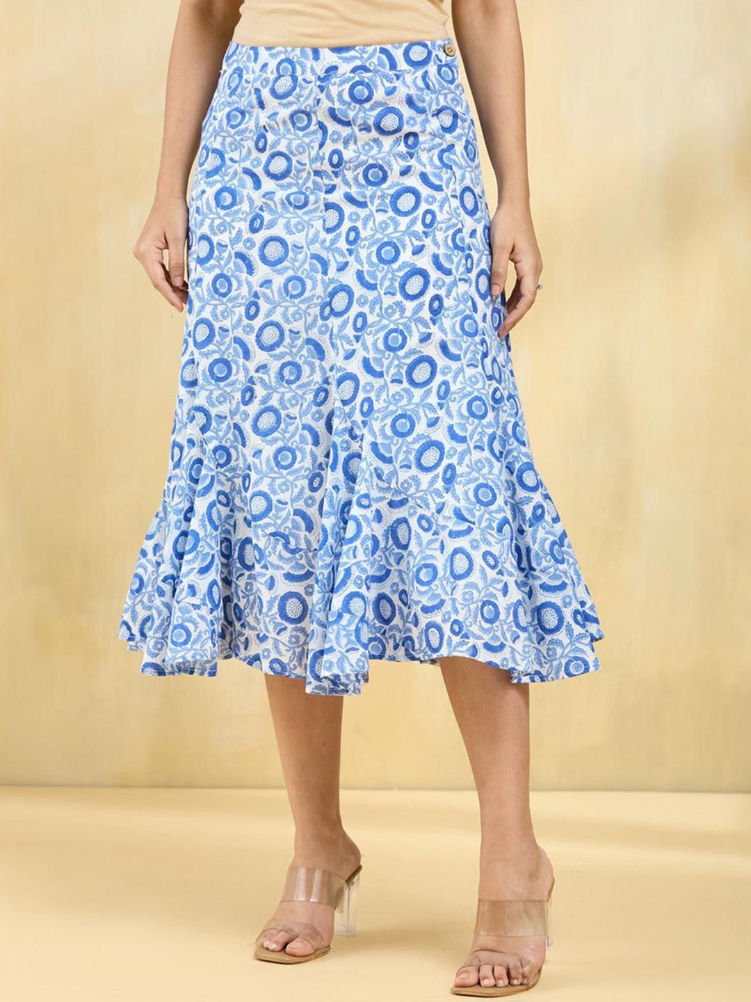 Fabindia Hand Block Printed Cotton Midi Flared Skirt-picture-37