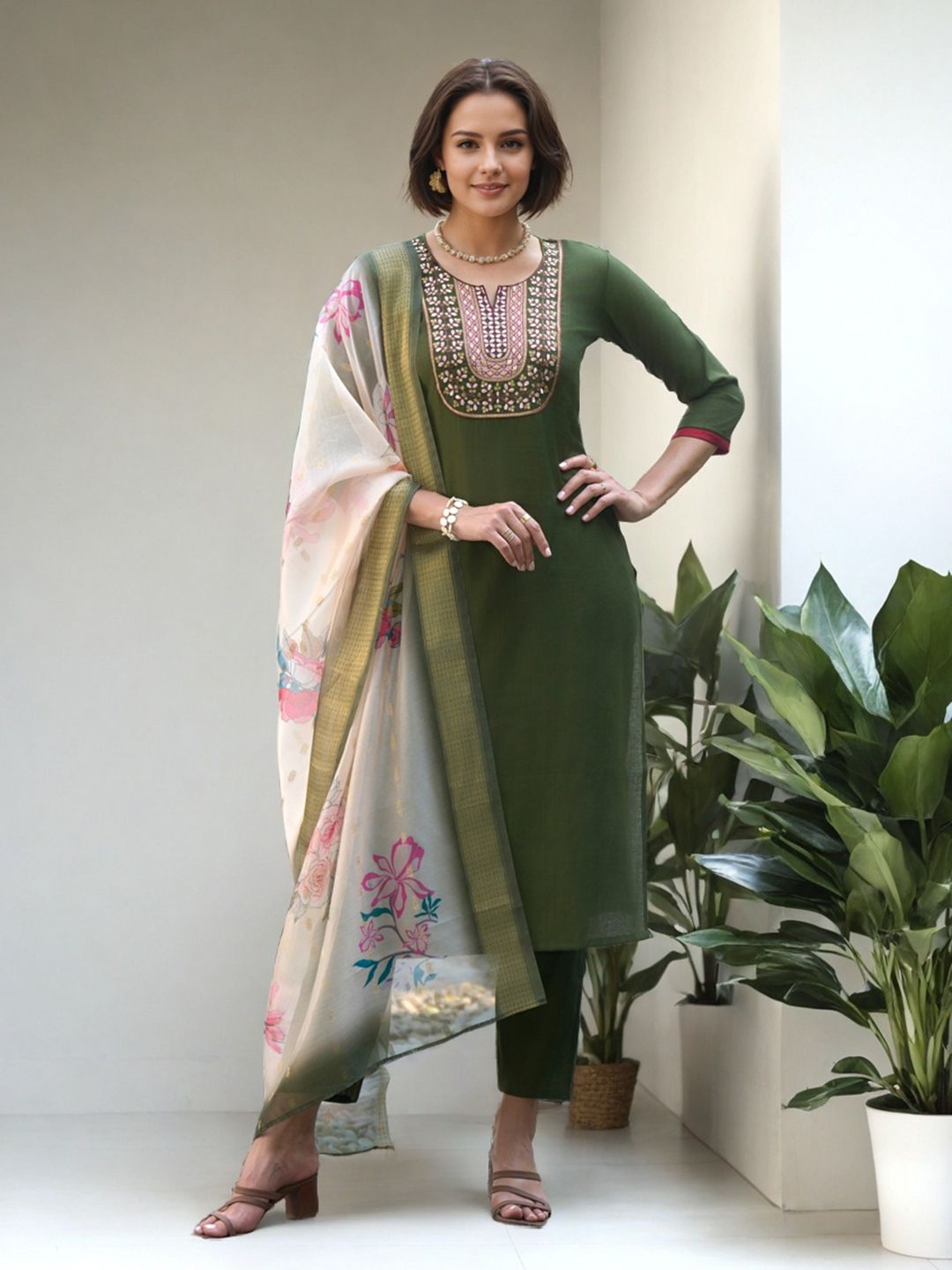 SZN Floral Embroidered Straight Sequinned Kurta With Trousers & Dupatta