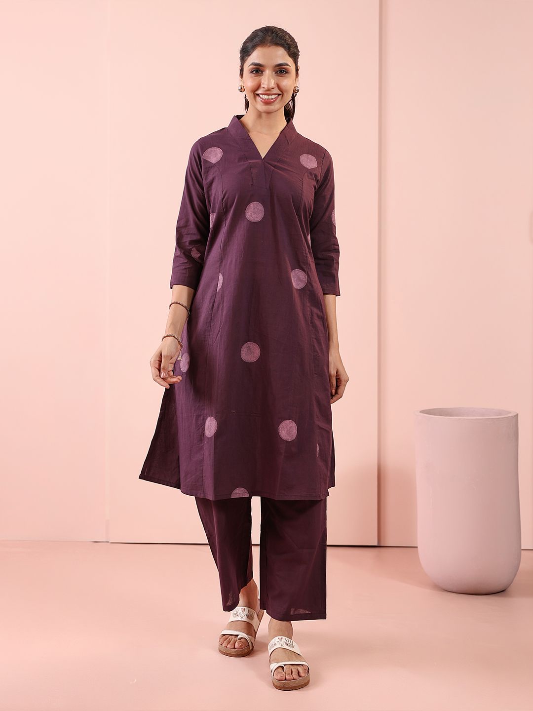 Anouk Rustic Polka Dot Printed V-Neck Pure Cotton A-Line Kurta With Palazzos