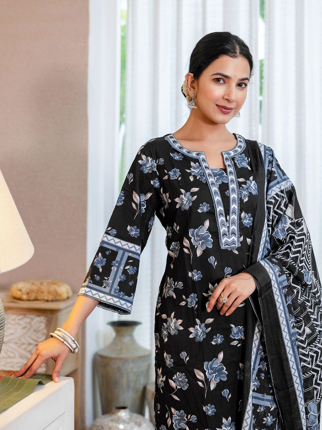 SKYLEE Floral Printed Square Neck Kurta With Trousers & Dupatta