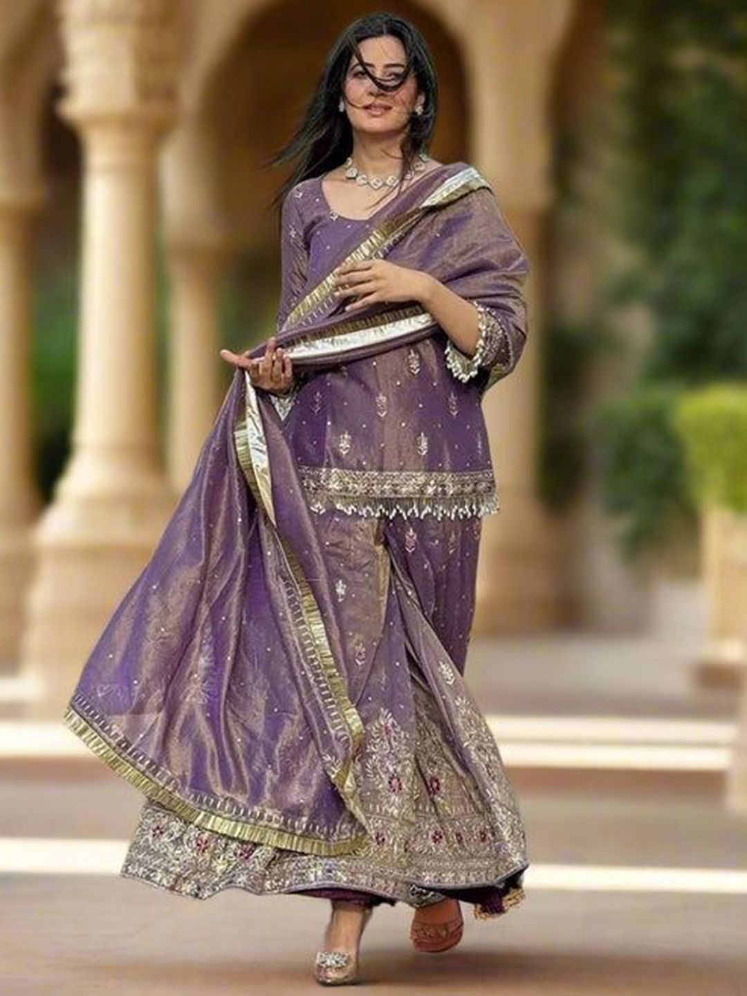 ANVERI TEXTILES Women Embroidered Thread Work Pure Silk Kurti with Palazzos & Dupatta