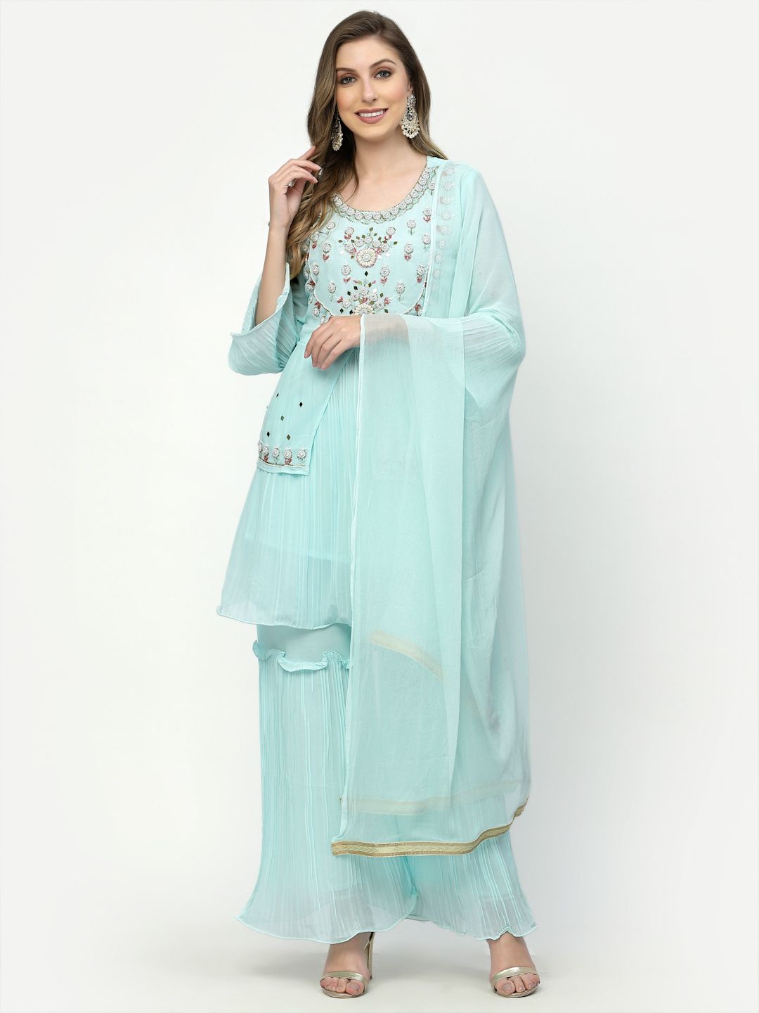 TS LIFESTYLE Women Ethnic Motifs Embroidered Anarkali Kurti with Sharara & Dupatta