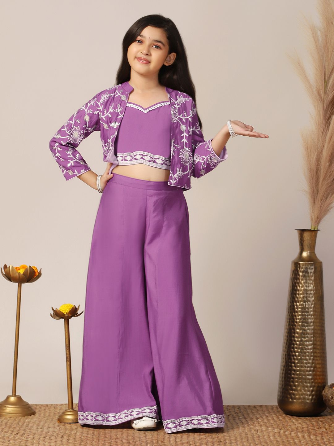 Sangria Girls Embroidered Shoulder Straps Top & Palazzos With Jacket-picture-34