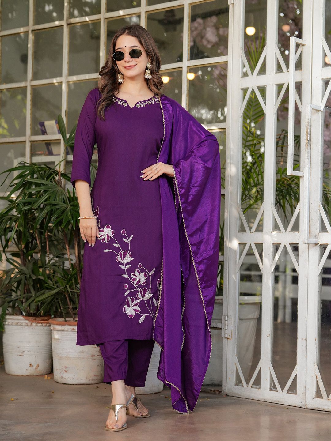 BlueRang Floral Embroidered Notch Neck Sequinned Straight Kurta With Trousers & Dupatta