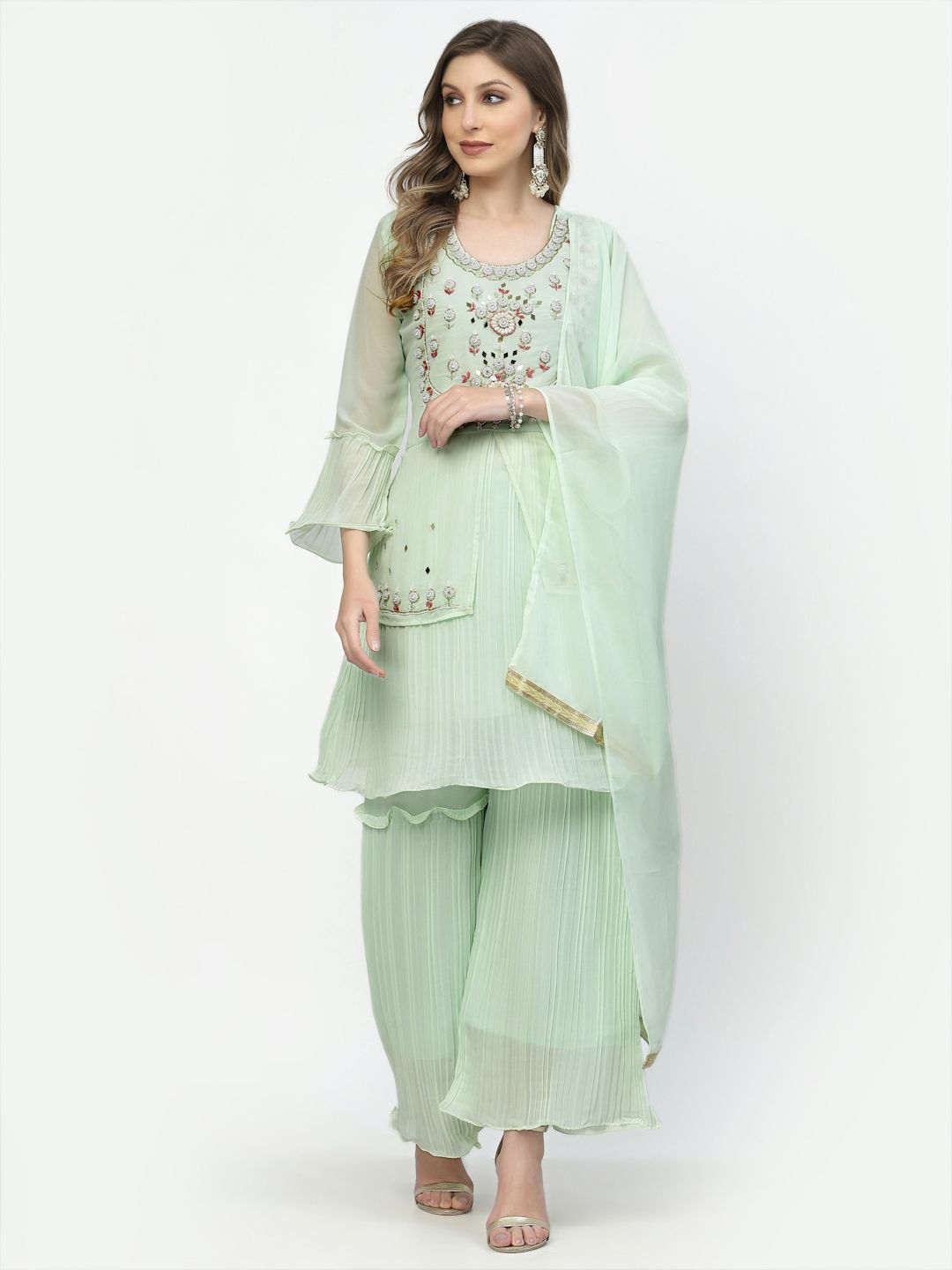 TS LIFESTYLE Women Embroidered Regular Beads and Stones Kurta with Sharara & Dupatta
