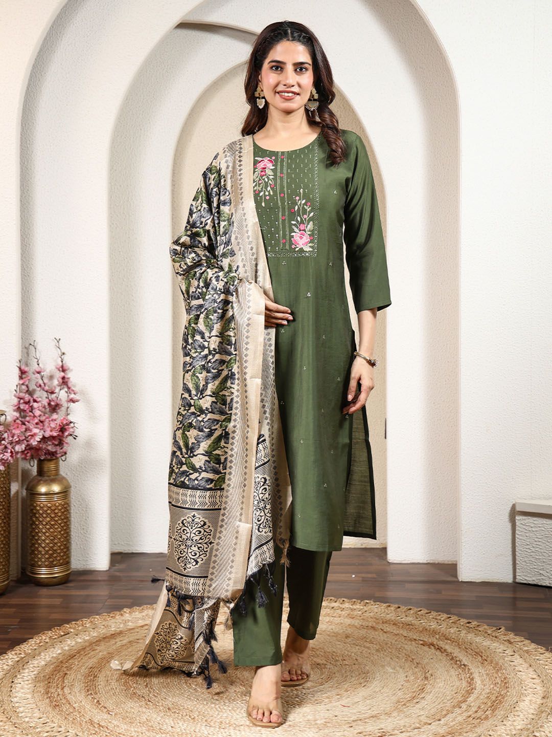 Anouk Rustic Embroidered Round Neck Thread Work Straight Kurta With Trousers & Dupatta