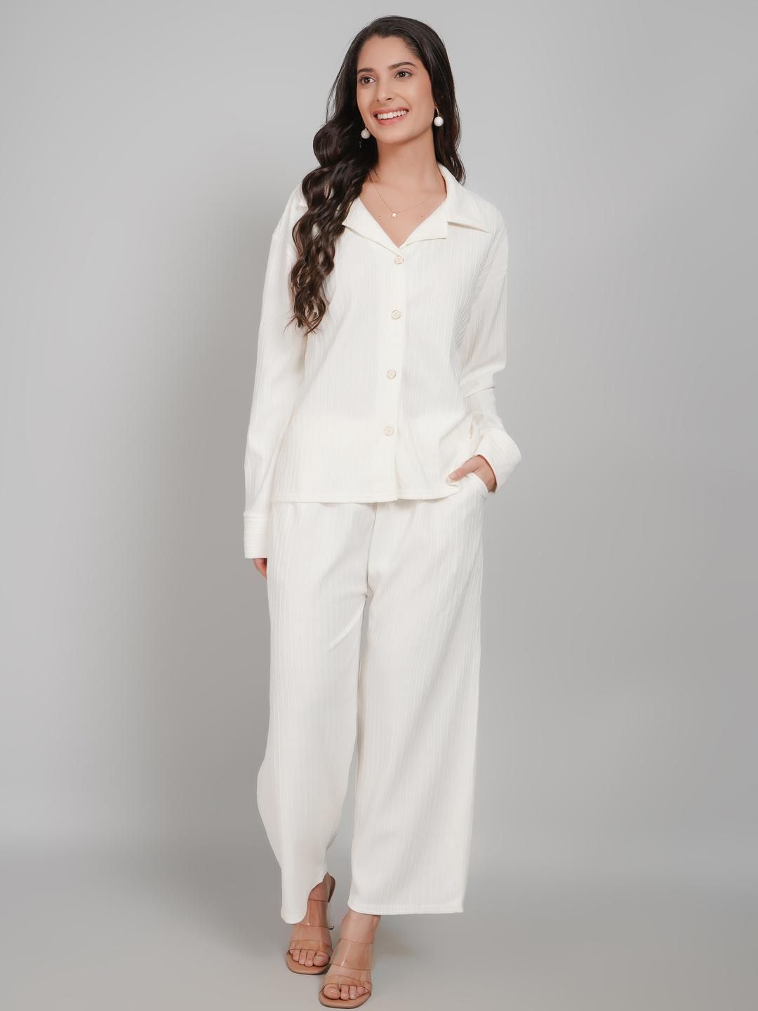Lugo Women Cream Solid Shirt & Trouser Co-Ords