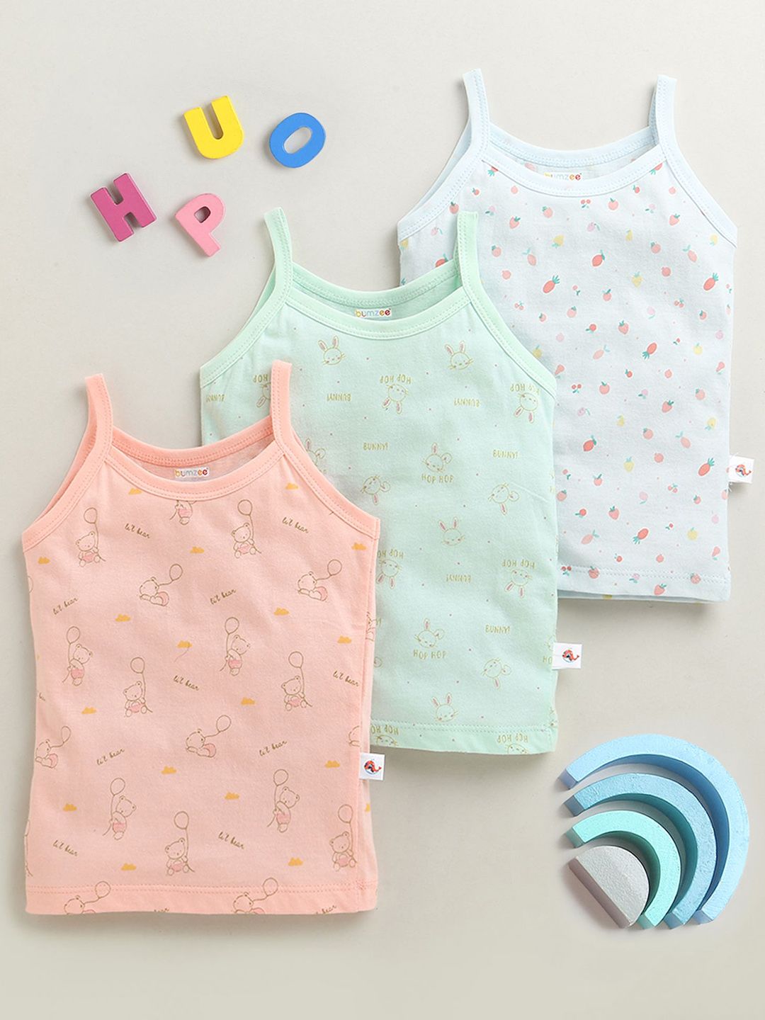 BUMZEE Infants Girls Pack Of 3 Printed Cotton Camisoles-picture-11