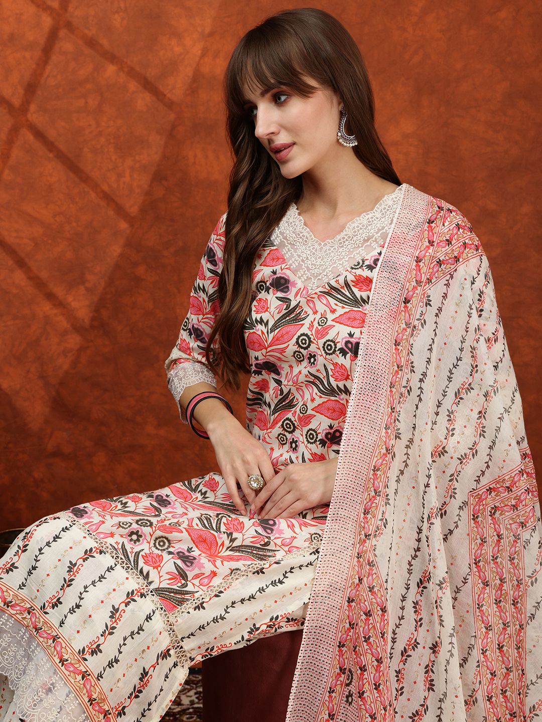 KALINI Women Floral Printed Cotton Kurta with Trousers & Dupatta