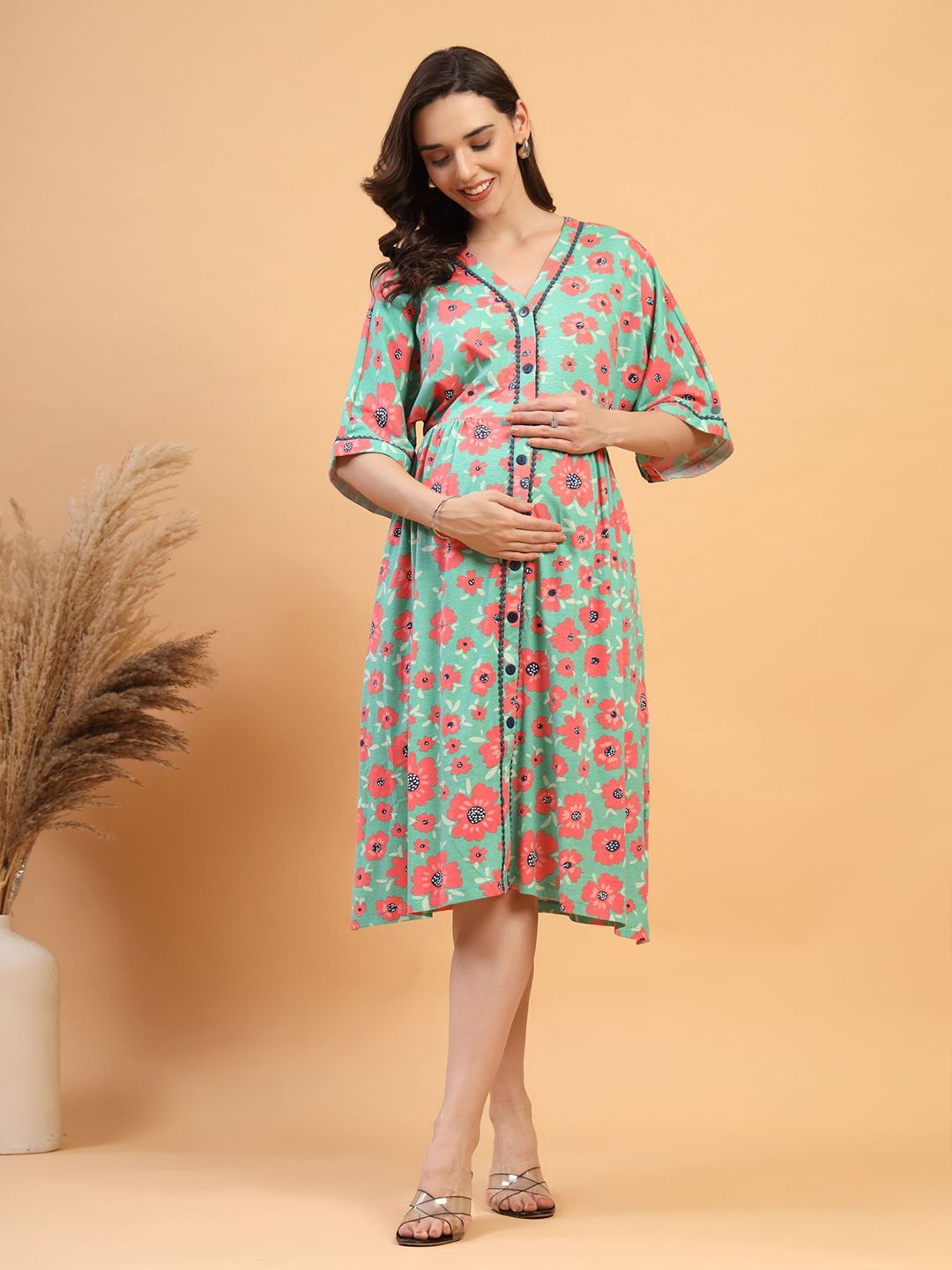 House Of Zelena Women Floral Printed V-Neck Maternity Midi Shirt Dress-image-15