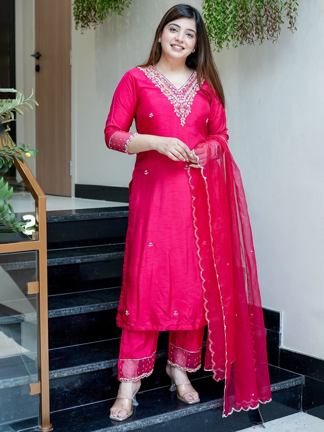 Growdamy Women Sequinned Chanderi Silk Kurta with Trousers & Dupatta