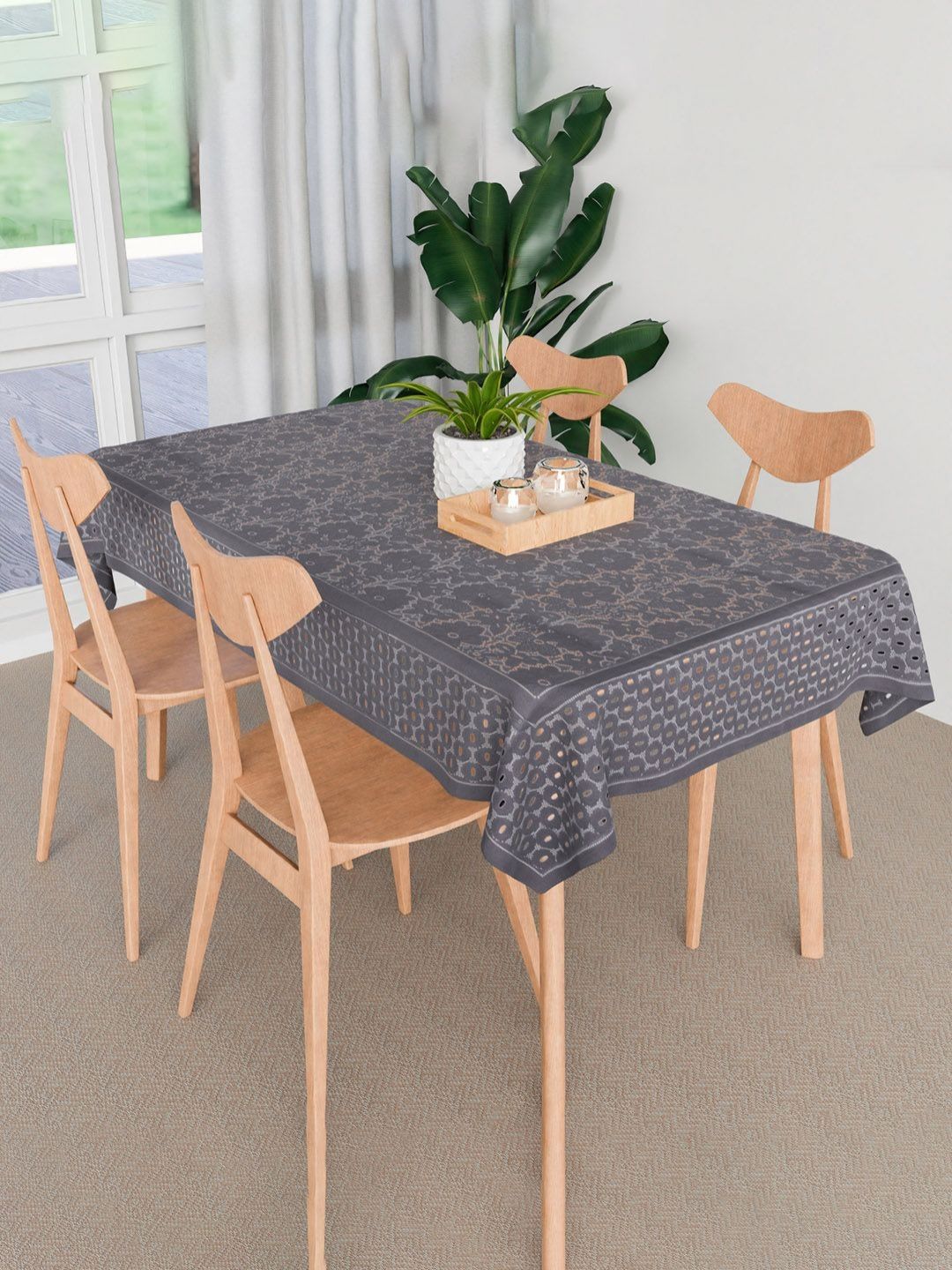 Aura Grey & White Floral Anti-Skid Cotton 4-Seater Table Cover-picture-21